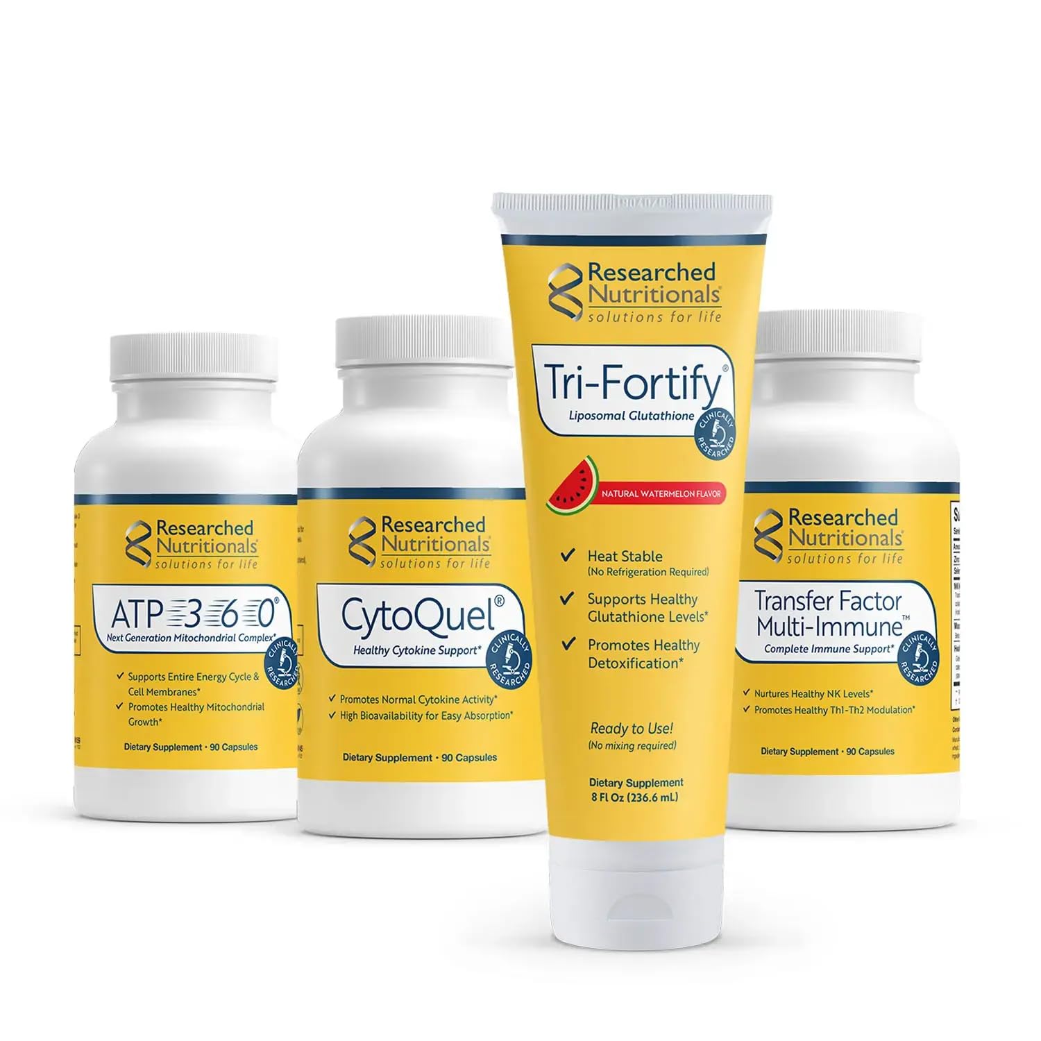 Researched Nutritionals Foundation Kit - Tri-Fortify Liposomal Glutathione (450mg) Watermelon, Transfer-Factor Multi Immune, ATP 360 & CytoQuel to Support Energy, Immunity, Cytokine Response & Detox