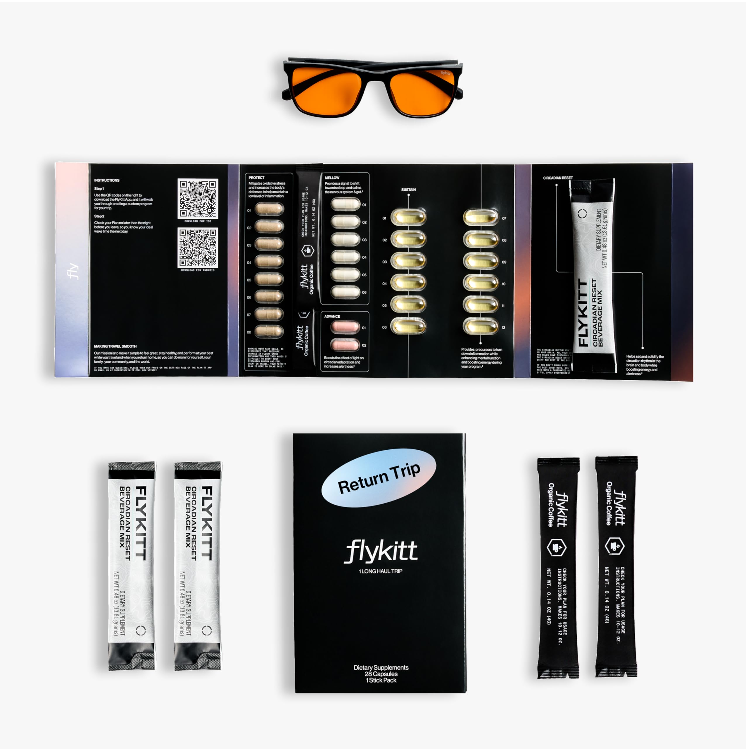 Fount Flykitt Jet Lag Prevention System – App-Controlled Supplements & Blue Light Glasses