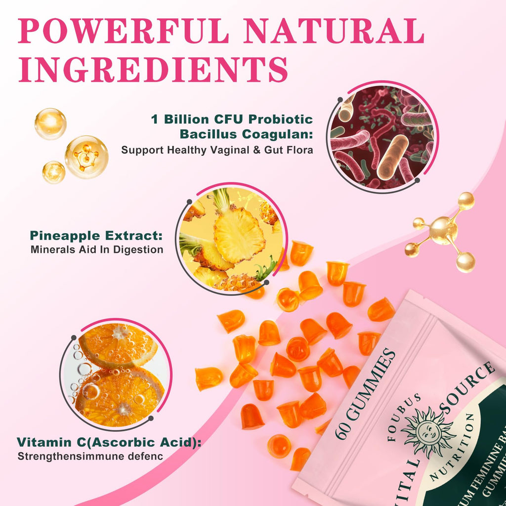 FOUBUS Vital Source Premium Feminine Balance Gummies | 120 Gummies (60 Servings) – Pineapple, Vegan, Gluten-Free