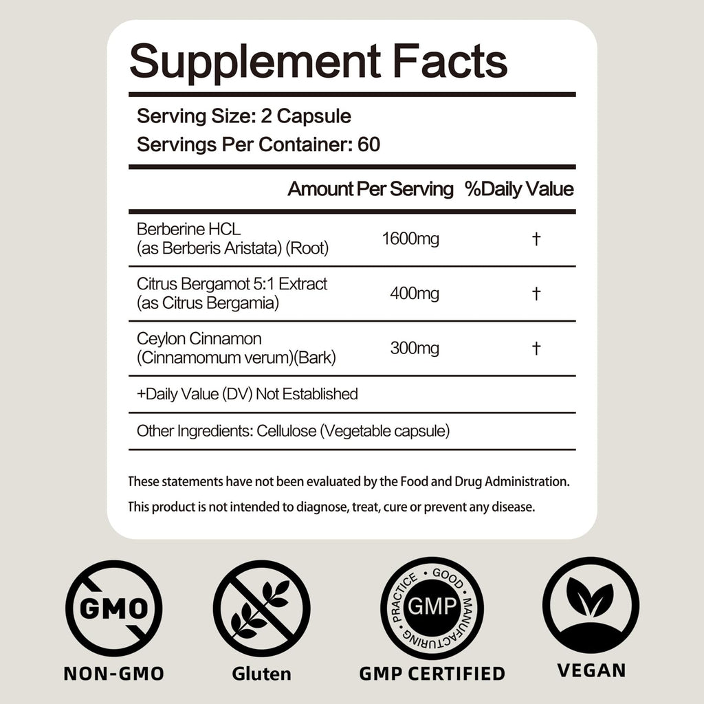 FraFr.gancia Berberine HCl with Ceylon Cinnamon & Citrus Bergamot – 120 Vegan Capsules