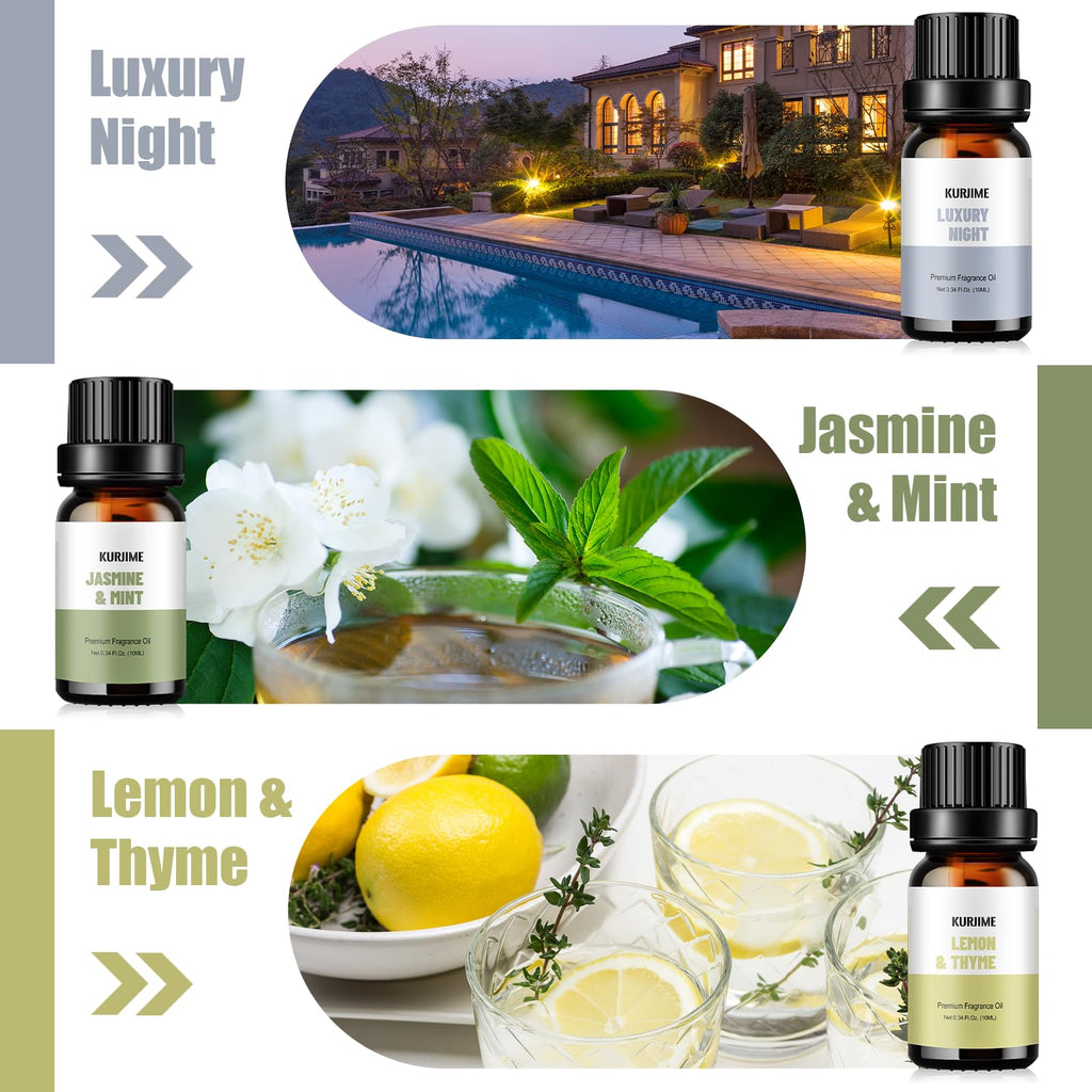 Fragrance Oils Hotel Collection Diffuser Oil Set – Luxury Night, Jasmine & Mint, Lemon & Thyme, White Tea, Floral Citrus, My Way