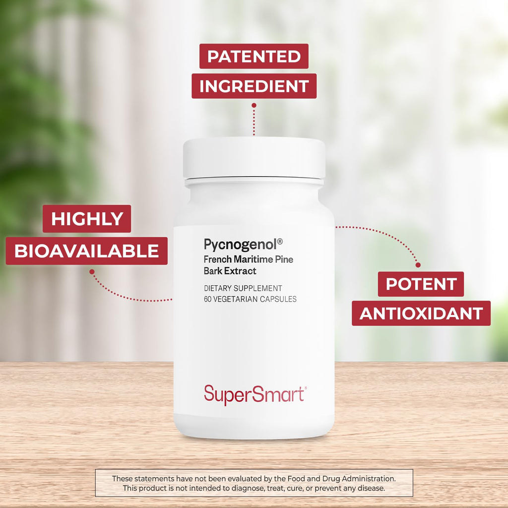Supersmart Pycnogenol 200mg/day – French Pine Bark Extract, 60 Vegetarian Capsules | Patented & Highly Bioavailable | Non-GMO & Gluten Free