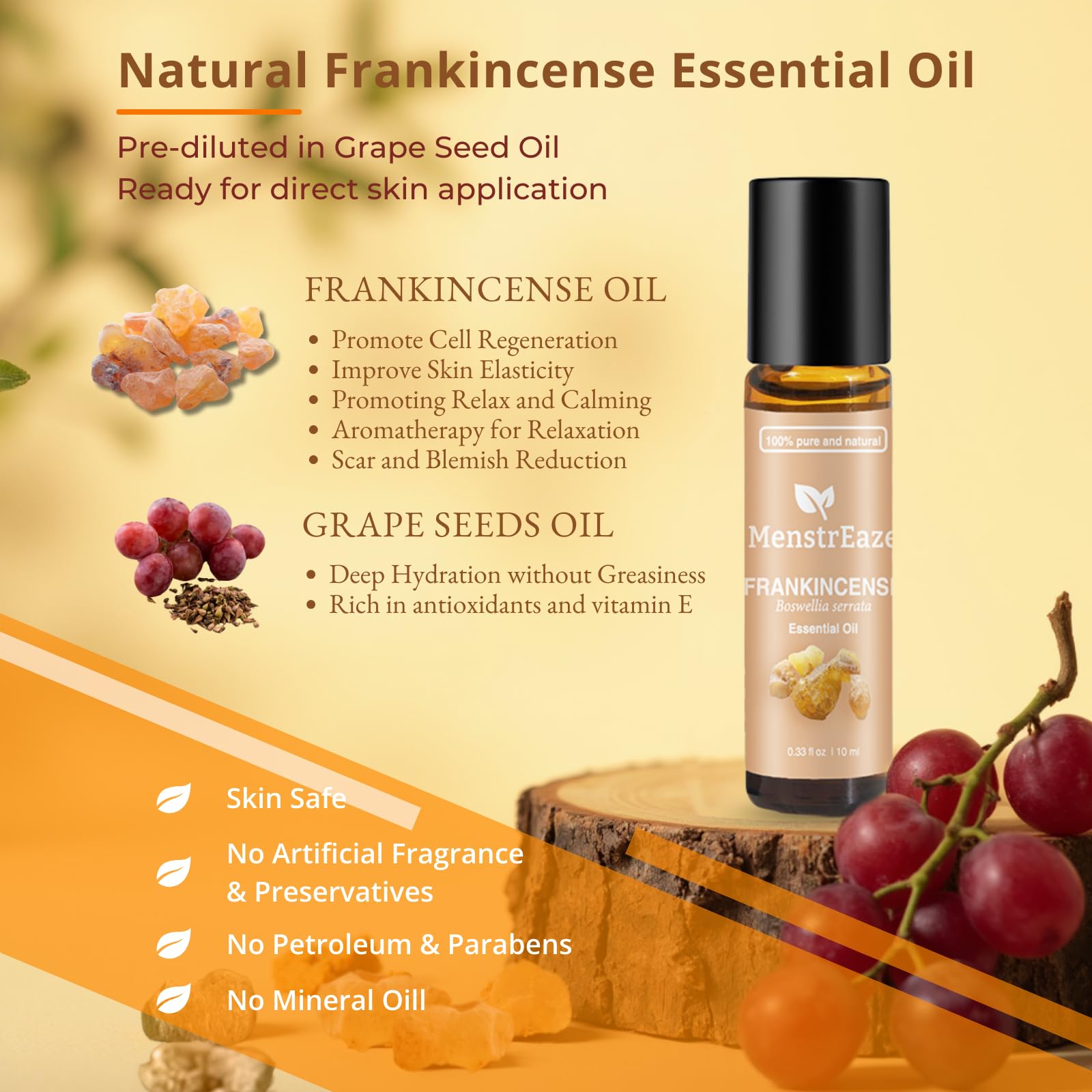 Frankincense & Grapeseed Essential Oil Roll-On – Therapeutic Grade Skincare & Mood Support, 10 ml