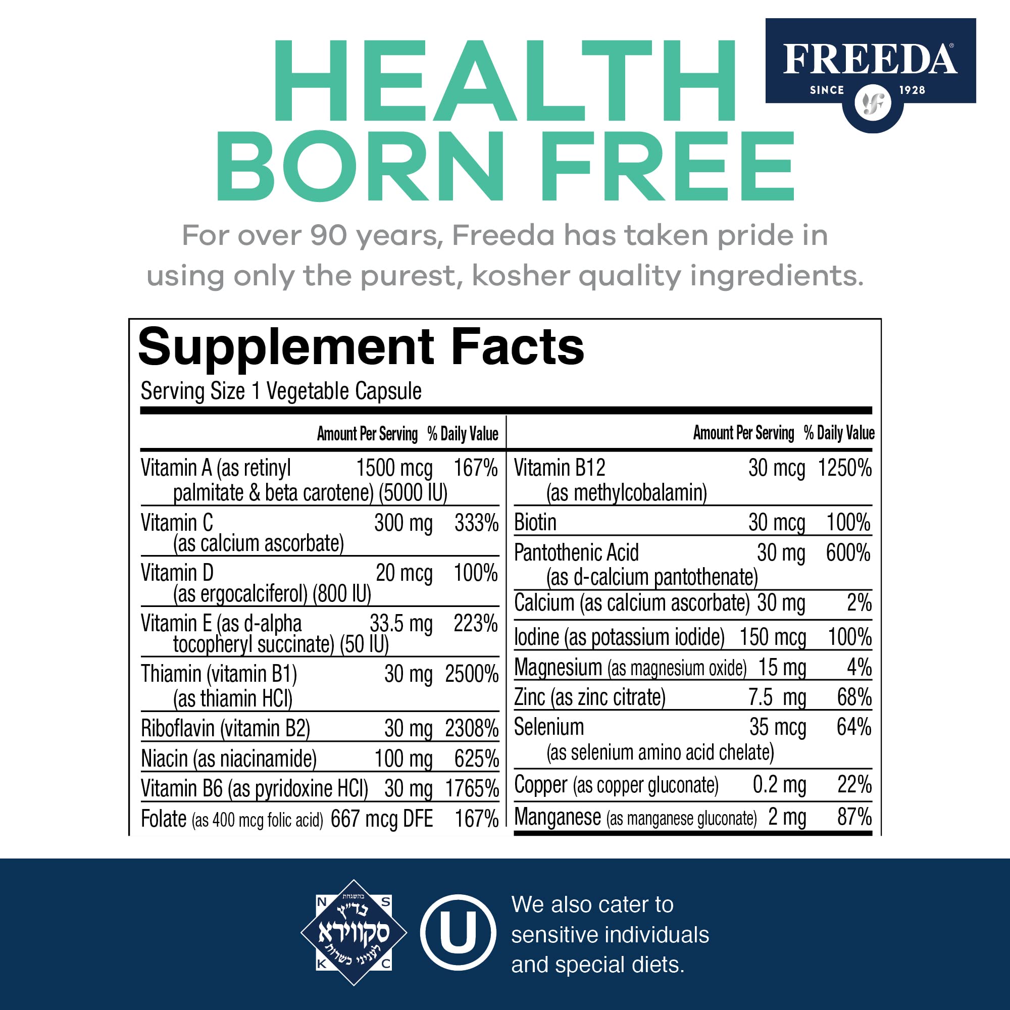 FREEDA Iron-Free Daily Multivitamin – Kosher, Gluten Free (250 Capsules)