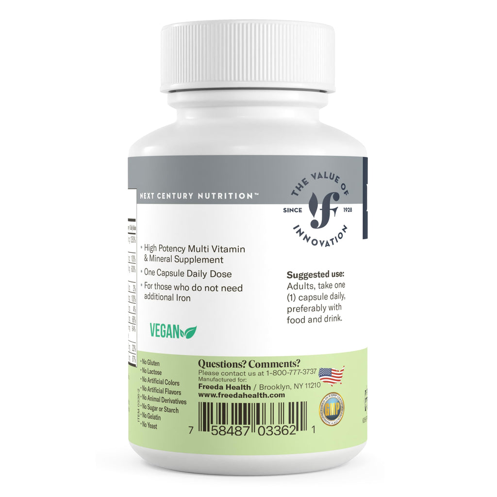 FREEDA Iron-Free Daily Multivitamin – Kosher, Gluten Free (250 Capsules)