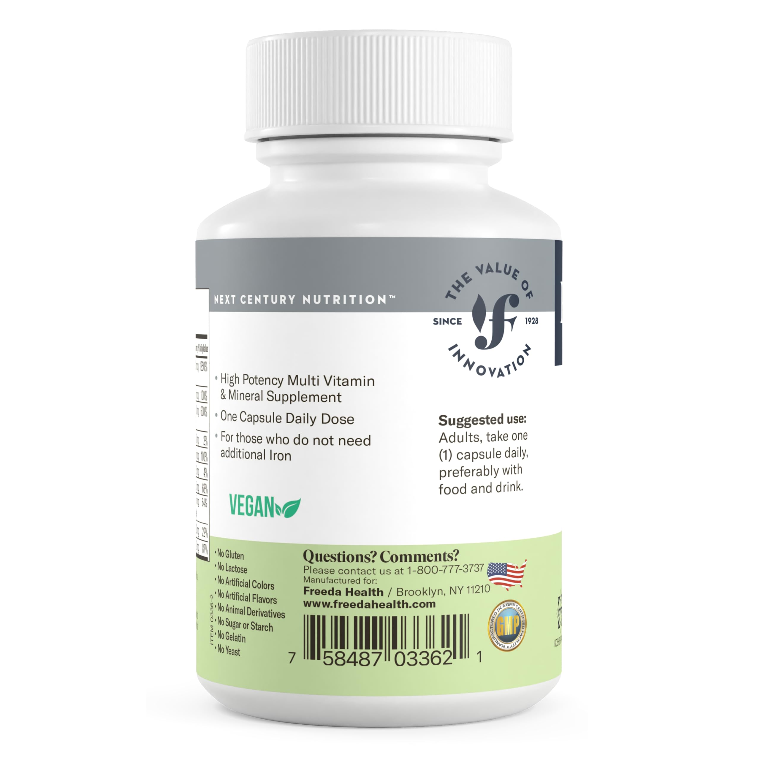 FREEDA Iron-Free Daily Multivitamin – Kosher, Gluten Free (250 Capsules)