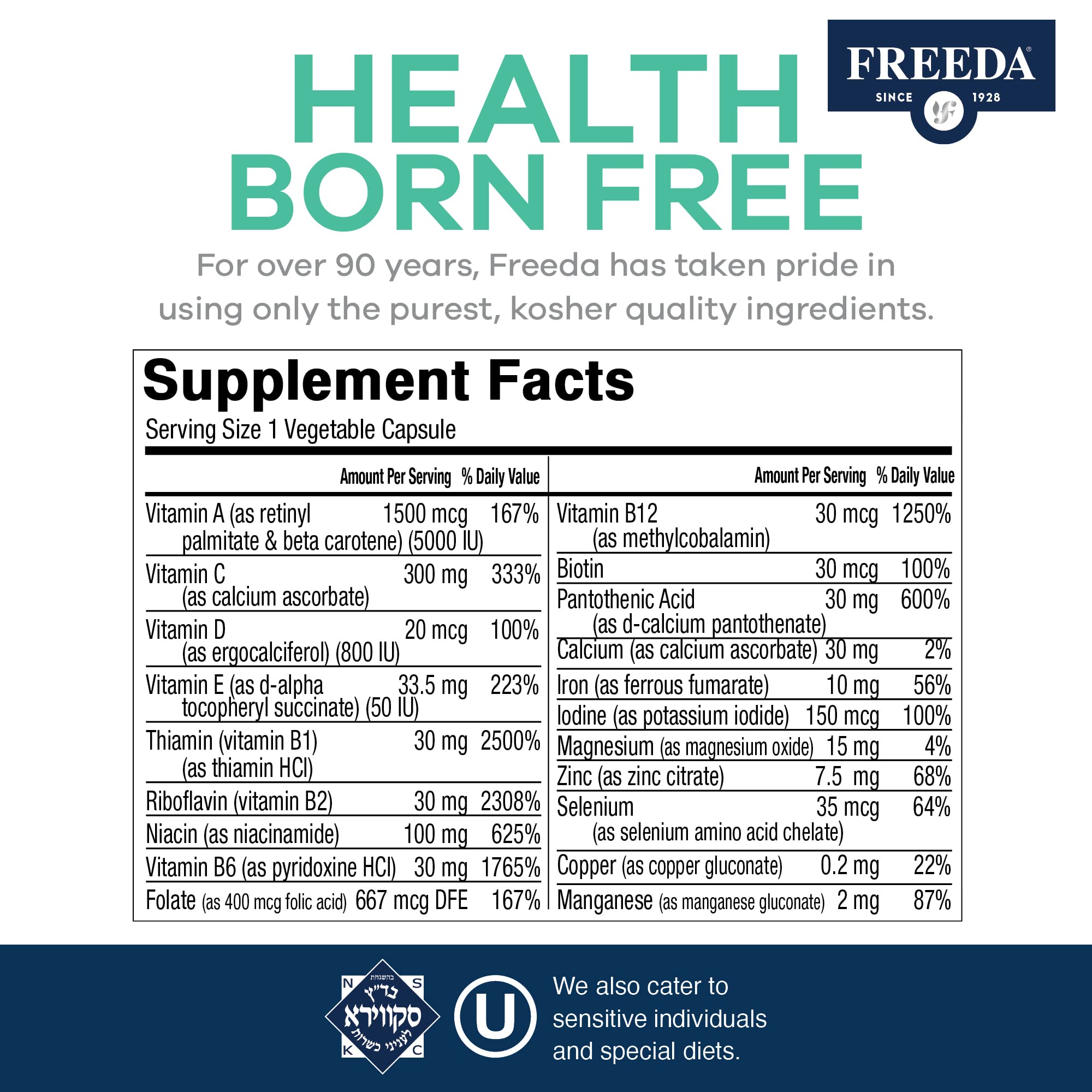 FREEDA Quintabs-M with Iron Multivitamin – Kosher, USA Made – One Daily Vitamin for Women & Iron-Deficient Men (100)