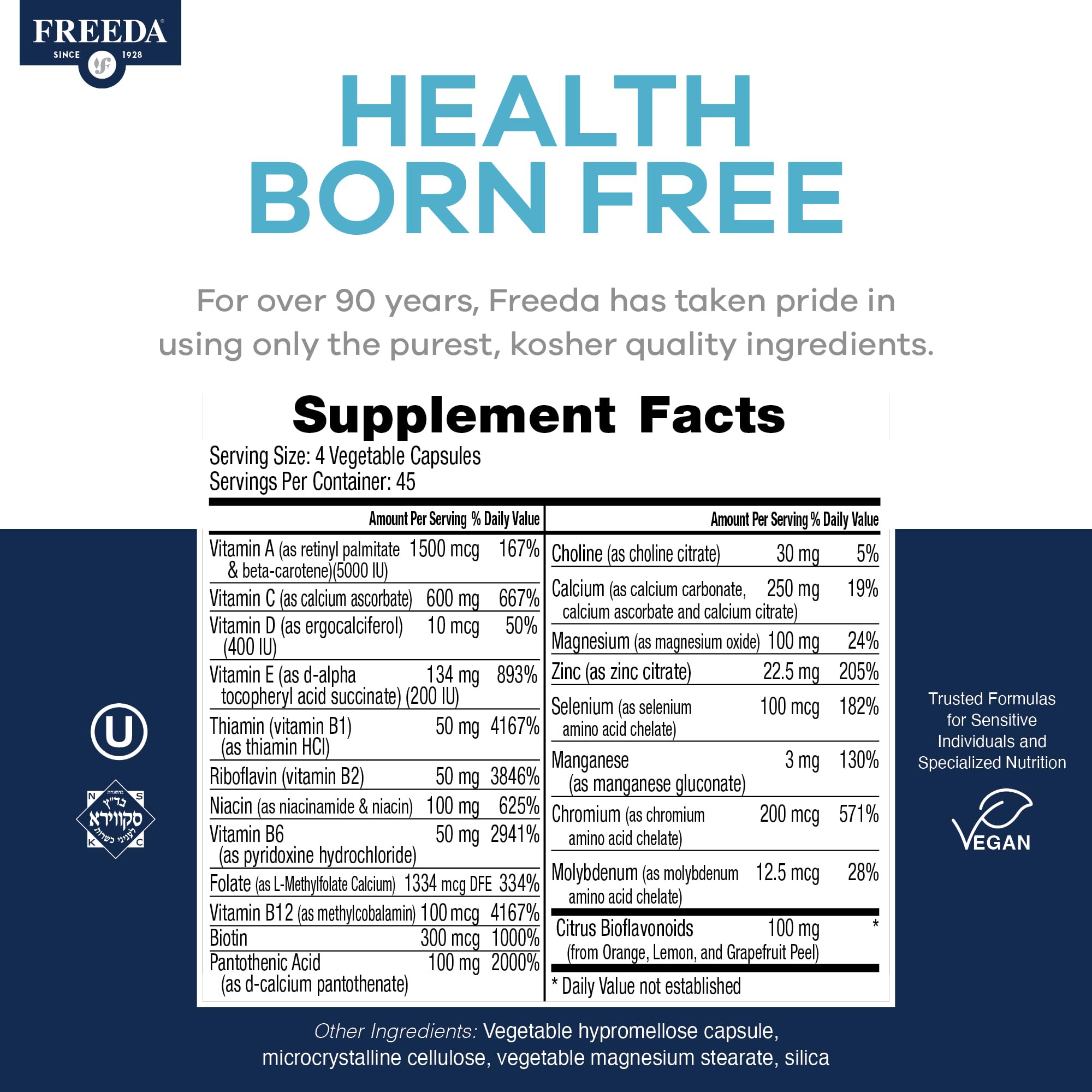 Freeda SCD Multivitamin – Vegan, Gluten-Free Daily Multivitamin for Men & Women | 180 Capsules | SCD Legal