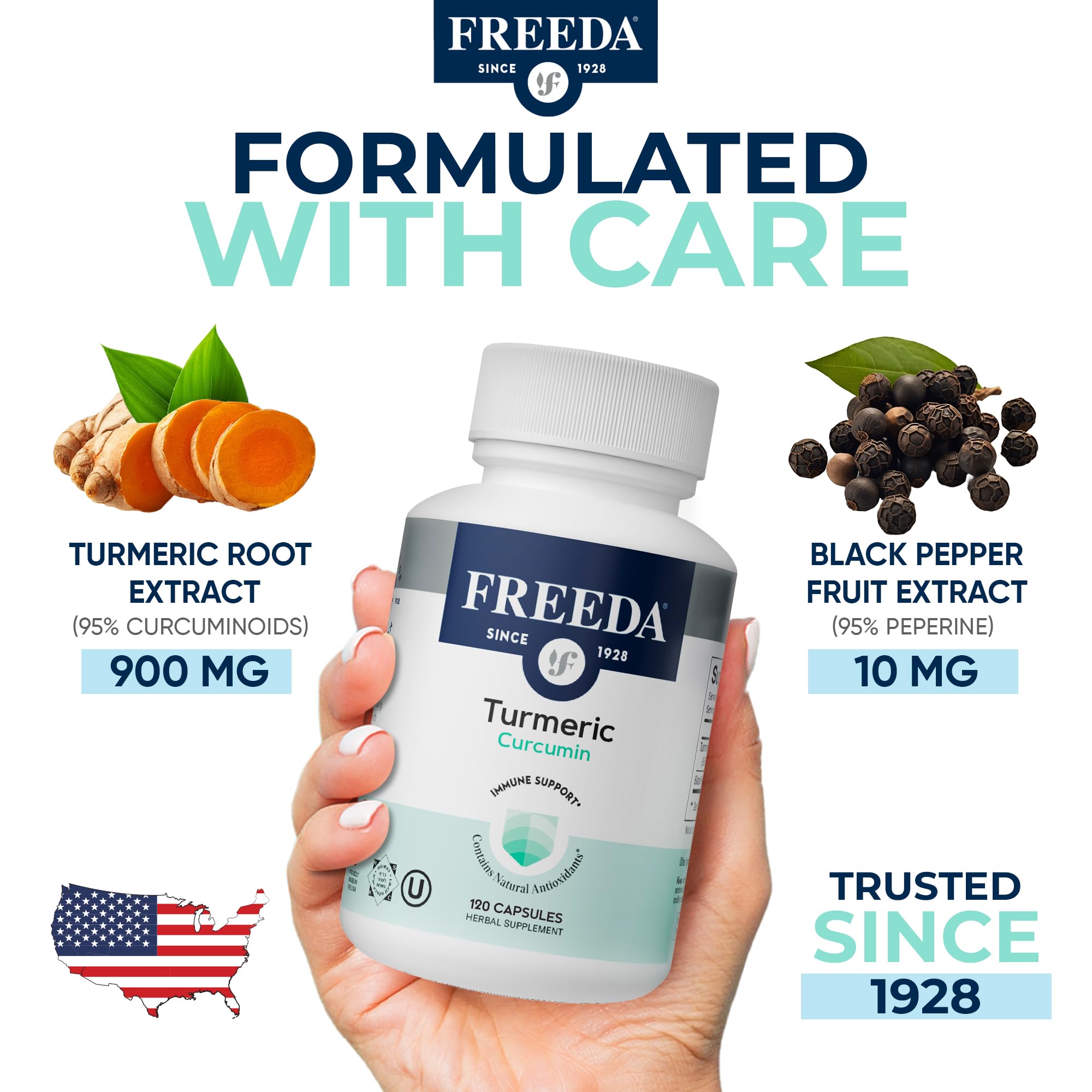 FREEDA Turmeric Curcumin with Black Pepper | 95% Curcuminoids - 60 Capsules