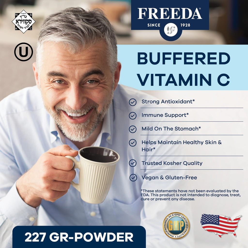 Freeda Buffered Vitamin C Powder – Gentle on Stomach | Kosher & Vegan (16 oz)