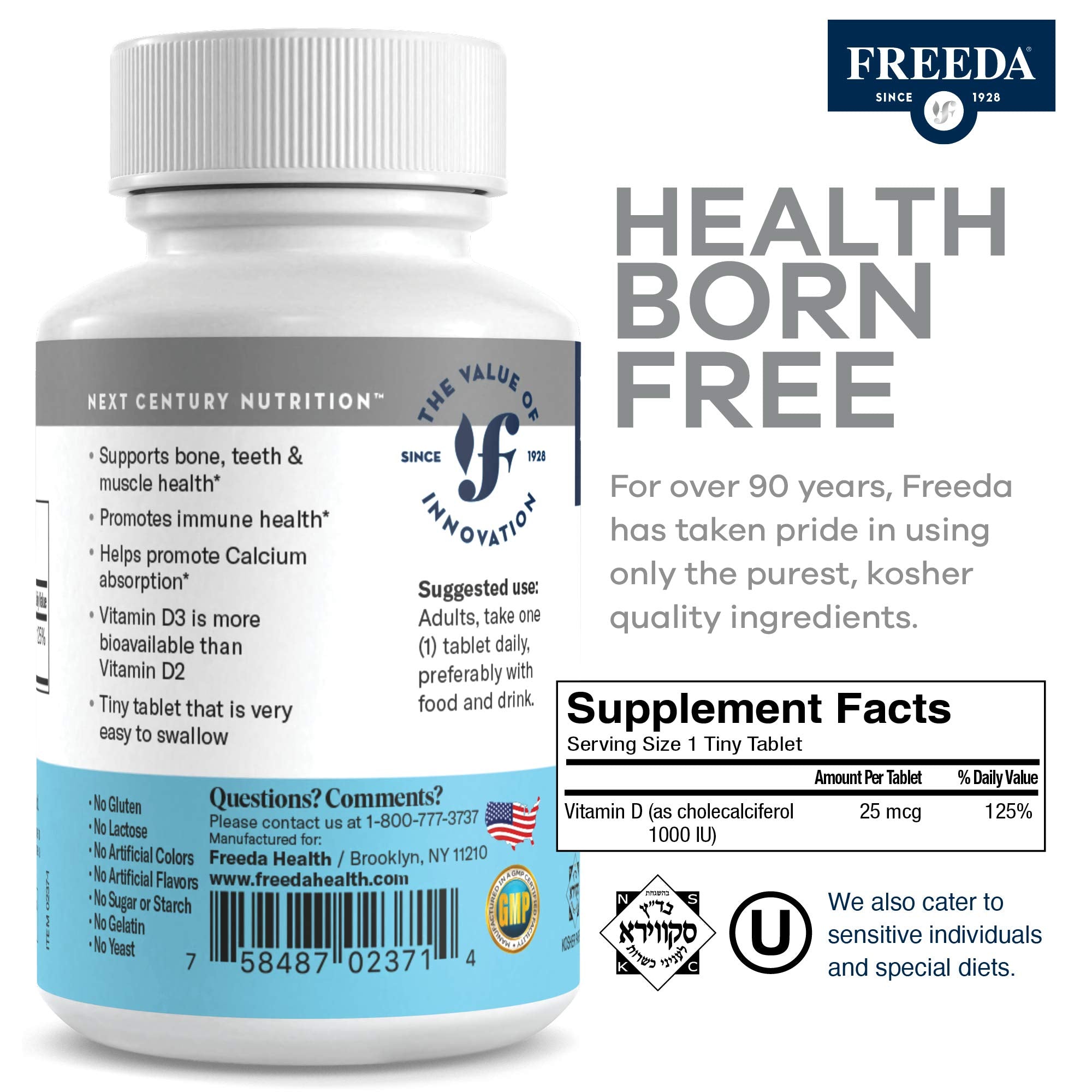 FREEDA Vitamin D3-1000 IU | Kosher High-Potency D3 Tablets (500 Count)