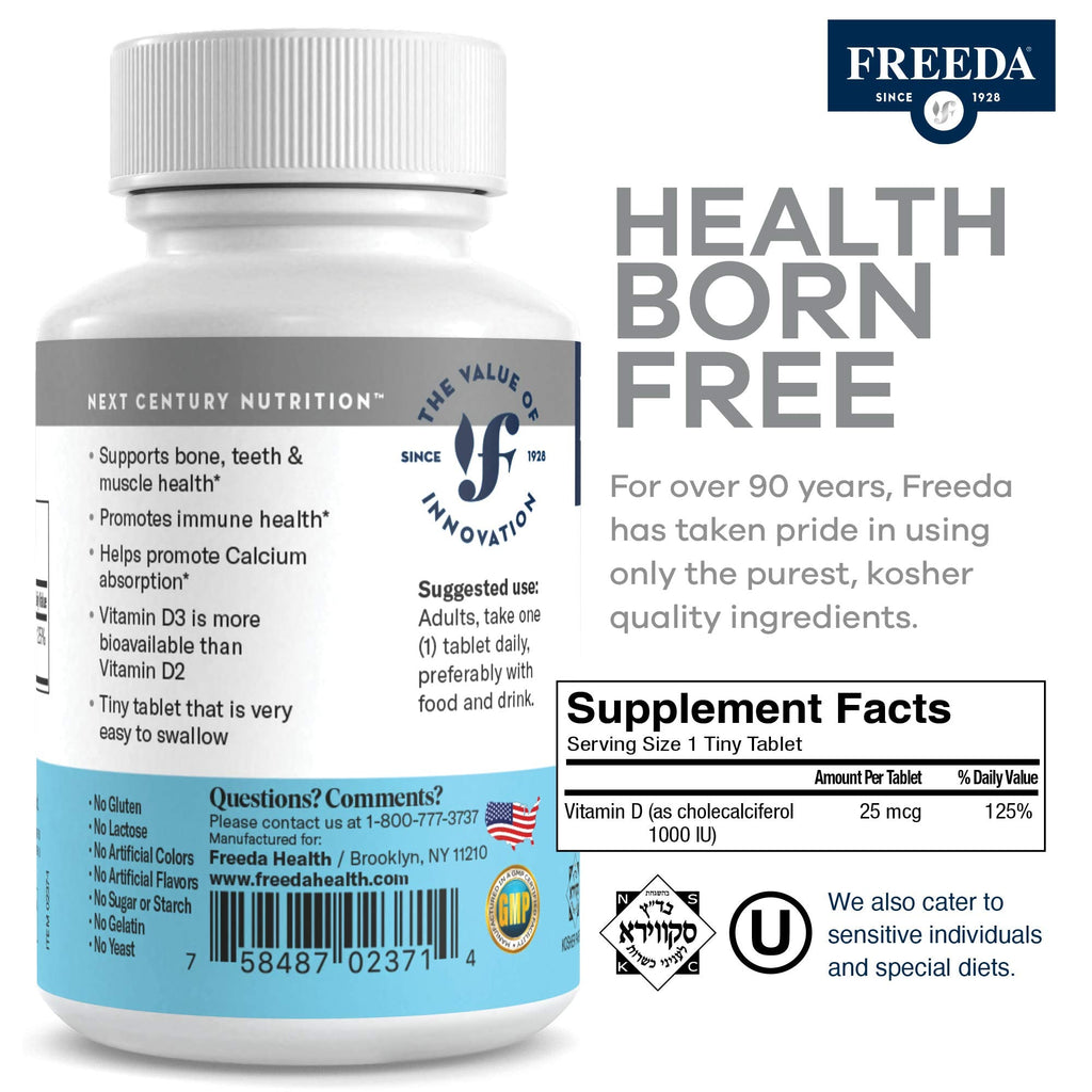 FREEDA Vitamin D3-1000 IU | Kosher High-Potency D3 Tablets (500 Count)