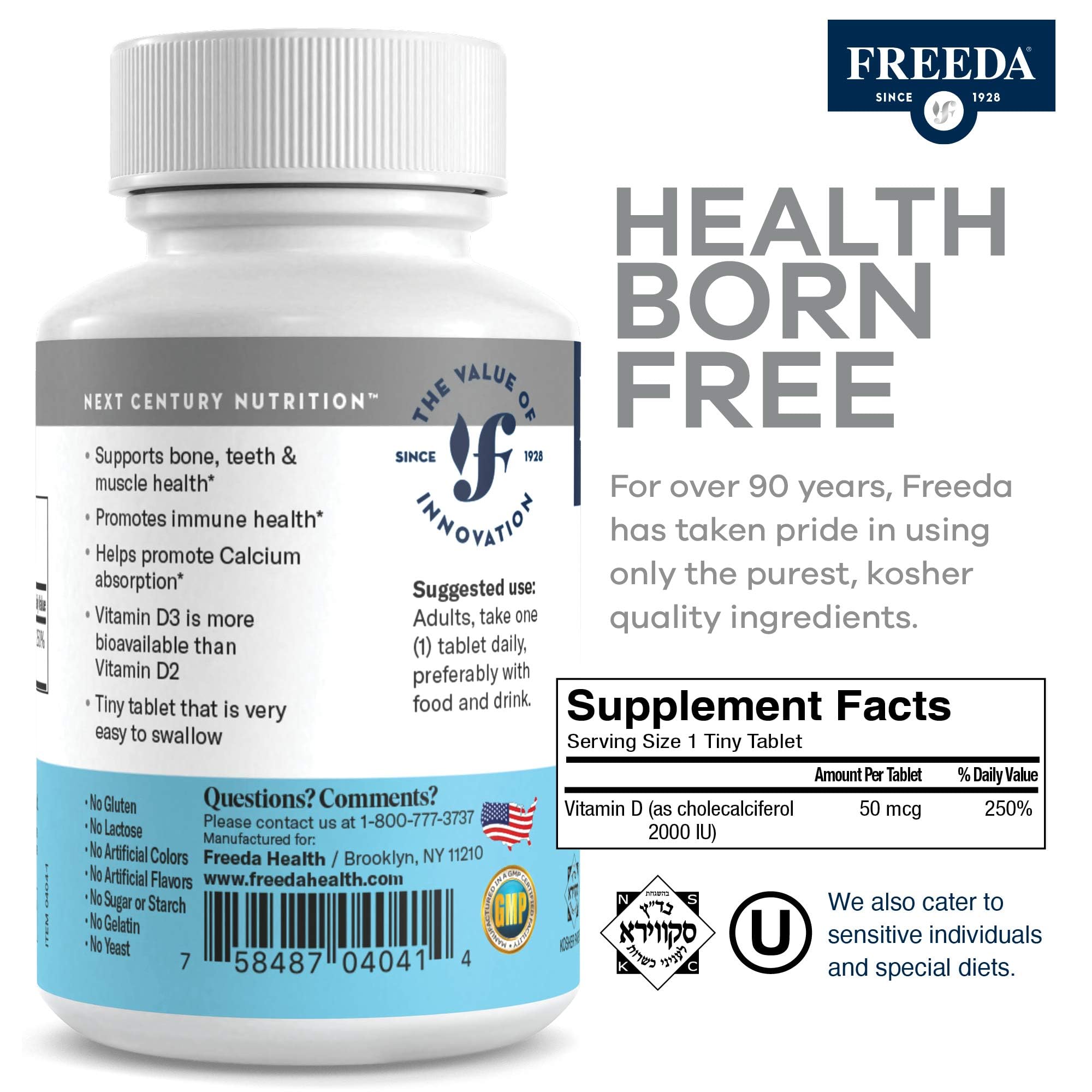 FREEDA Vitamin D3-2000 IU – High-Potency Vitamin D for Bone Strength & Immune Support – Easy-to-Swallow Tablets – 250 Tiny Tablets