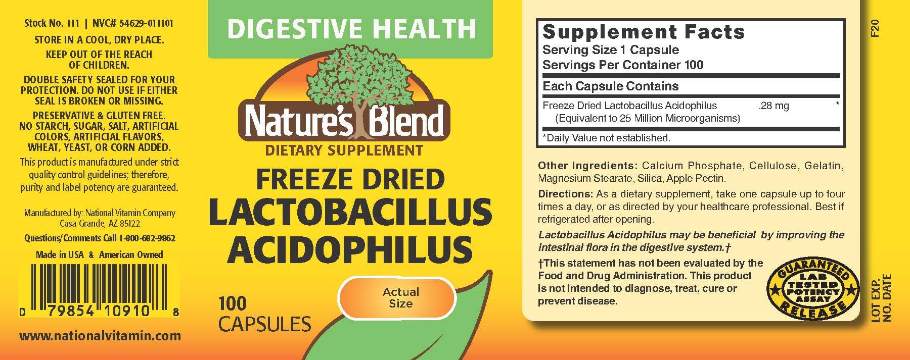 Freeze Dried Lactobacillus Acidophilus 100 Caps | Nature's Blend