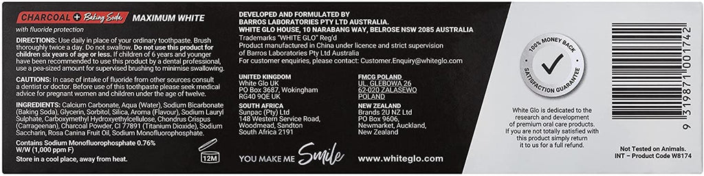 White Glo Charcoal + Baking Soda Maximum White Toothpaste 150g