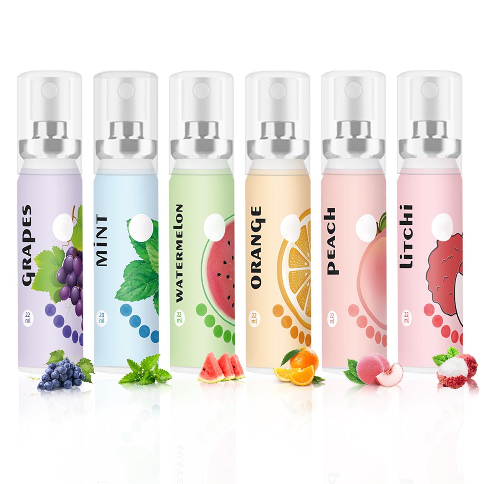6PCS Fresh Breath Spray Set - Fruity Mouth Fresheners (Mint, Peach, Orange, Watermelon, Grape, Lychee)