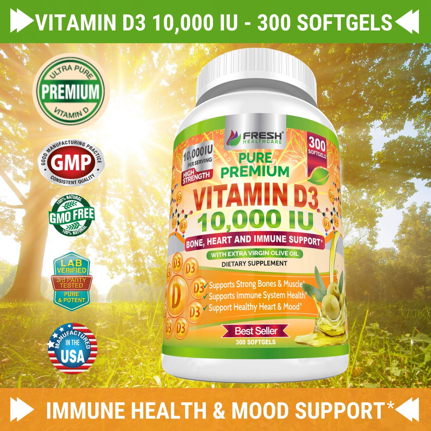 Fresh Healthcare Vitamin D3 10000 IU with Extra Virgin Olive Oil - Immune Support - 300 Softgels
