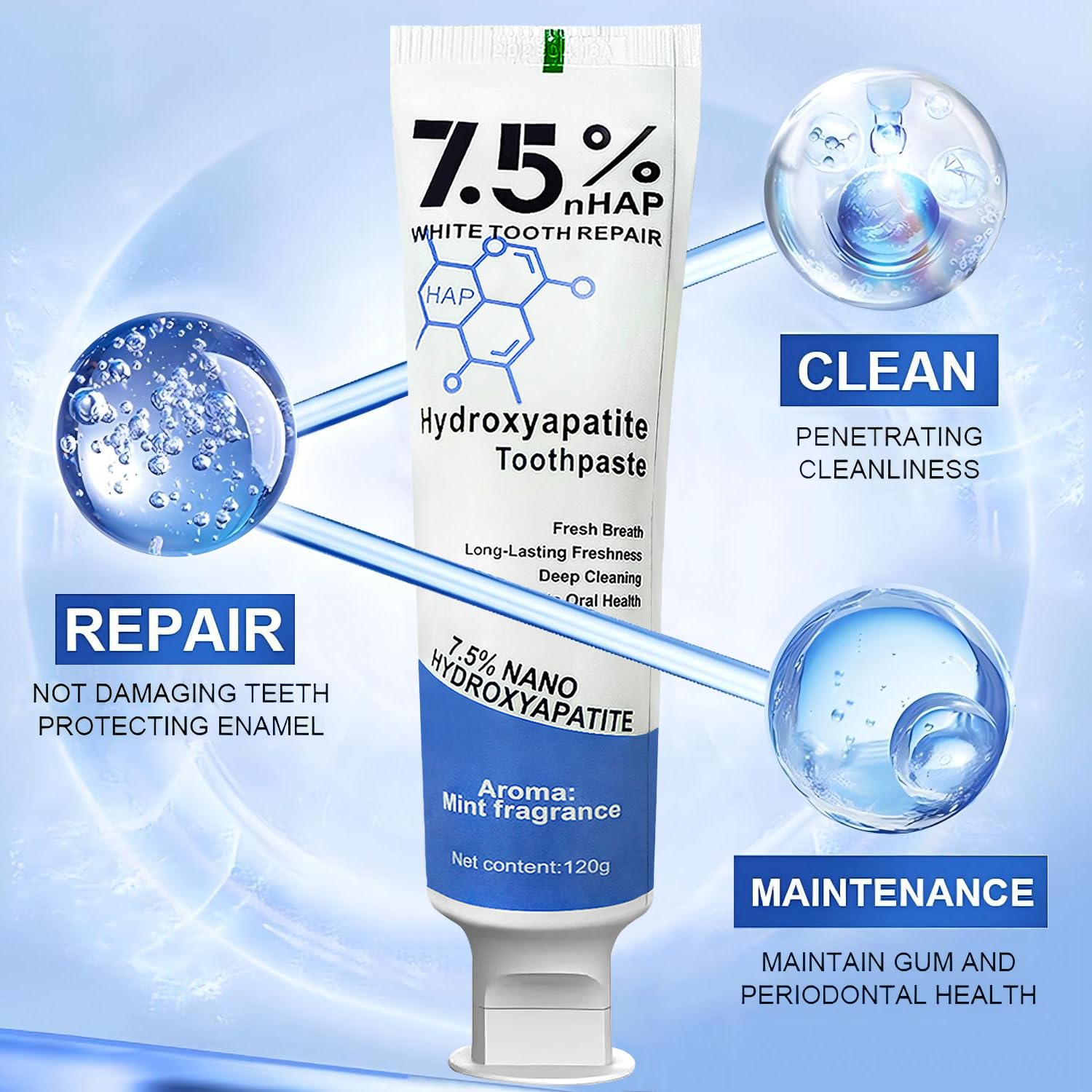 7.5% Hydroxyapatite Toothpaste – Enamel Protection, Fluoride-Free, Fresh Mint
