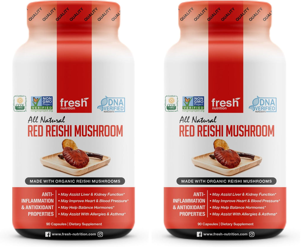 Fresh Nutrition Organic Reishi Mushroom Capsules – Alpha-Glucan Rich Ganoderma Lucidum, 1500mg Serving, Third-Party Tested – 90 Veggie Caps (Pack of 2)