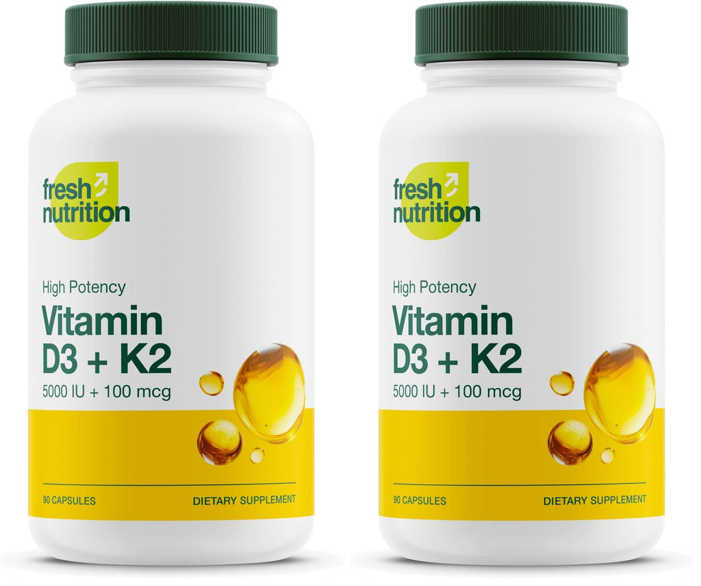 Fresh Nutrition Vegan Vitamin D3 + K2 Capsules – 5000 IU D3 + 100 mcg K2 MK-7 (Pack of 2)