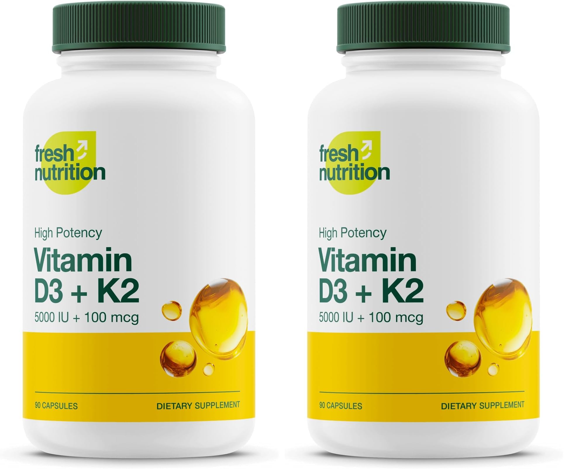 Fresh Nutrition Vegan Vitamin D3 + K2 Capsules – 5000 IU D3 + 100 mcg K2 MK-7 (Pack of 2)