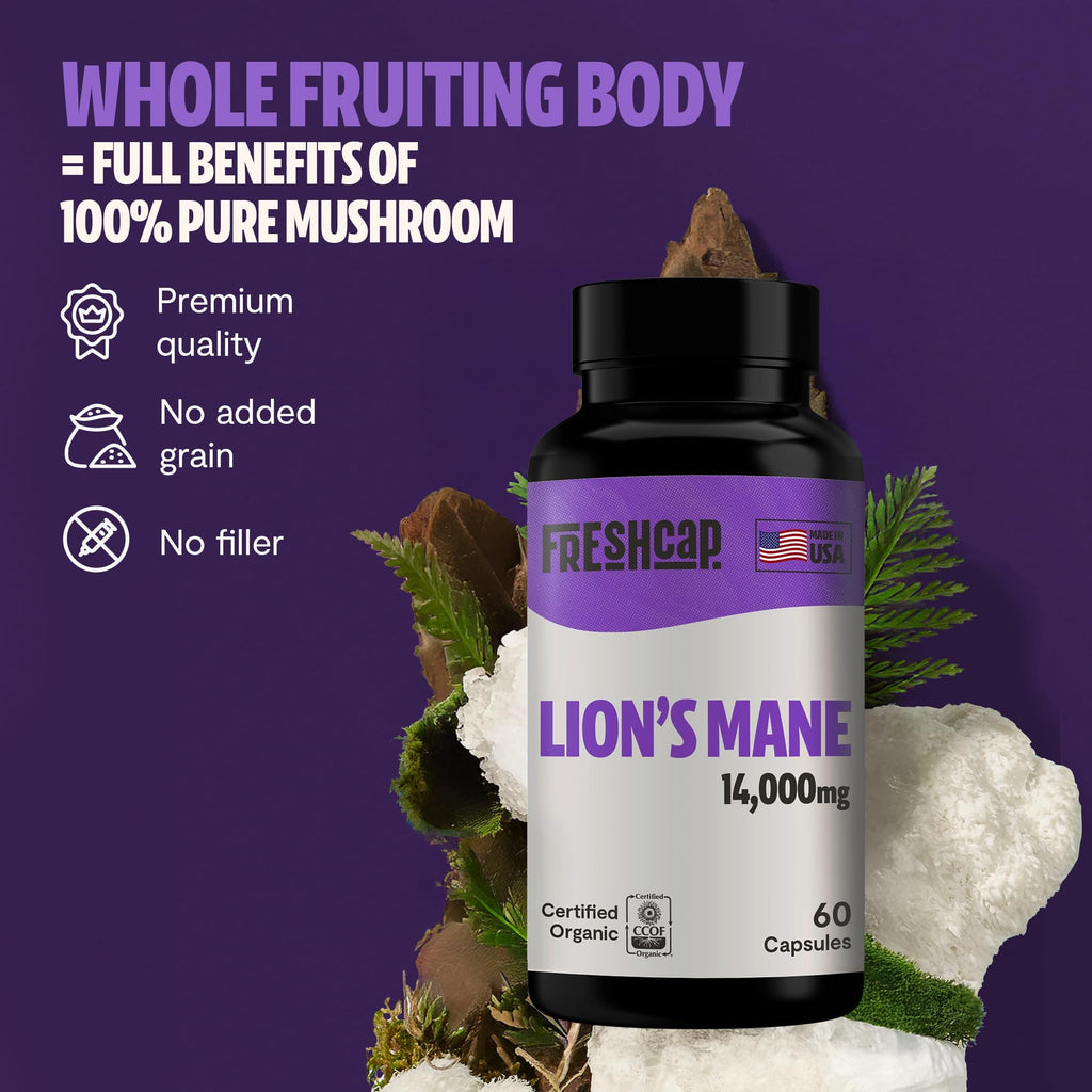 FreshCap Lions Mane Supplement Capsules 14,000mg — Brain Support, Memory & Focus (180 Capsules)