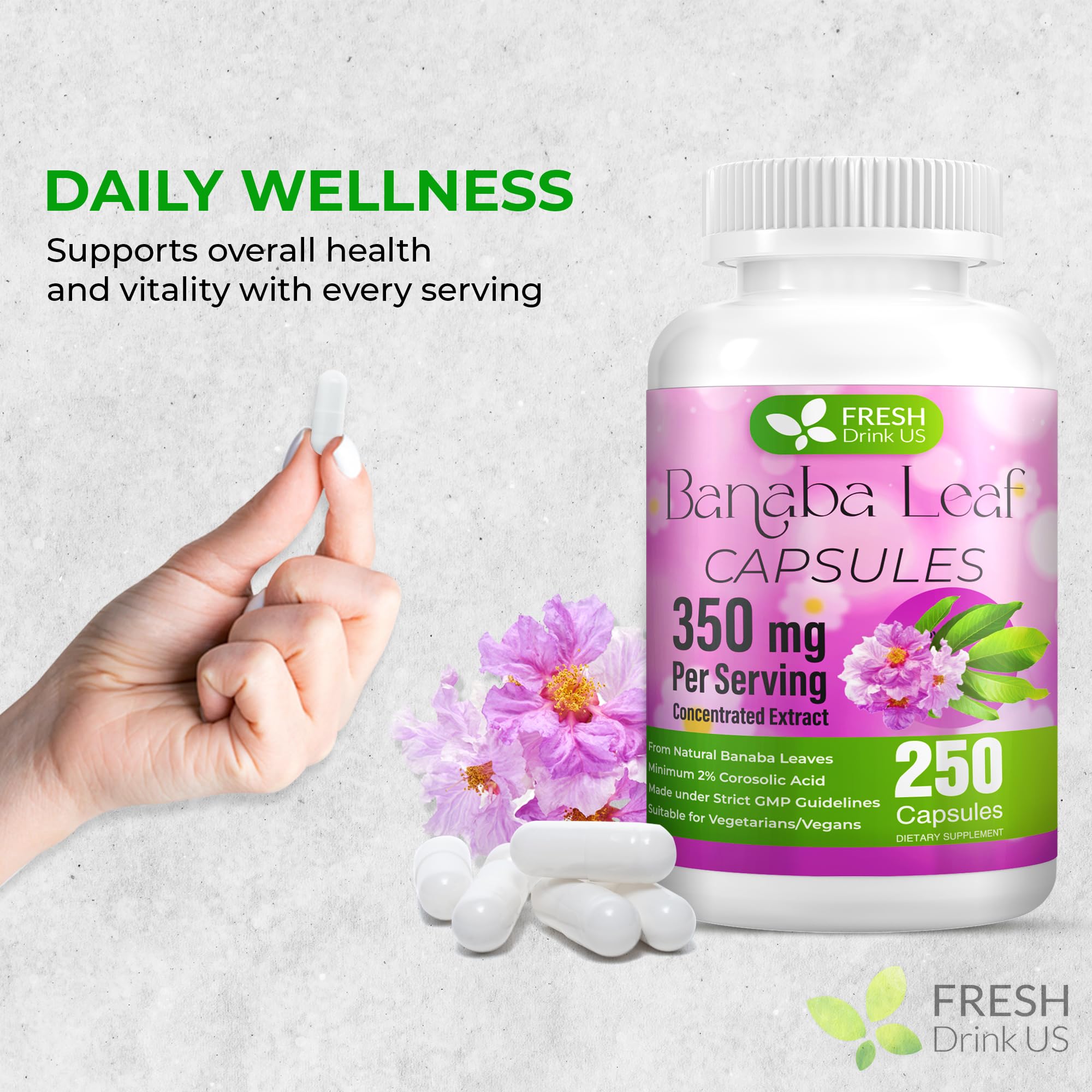FRESHDRINKUS Banaba Capsules – 350mg per Serving, 250 Vegan Capsules | Gluten-Free, Non-GMO