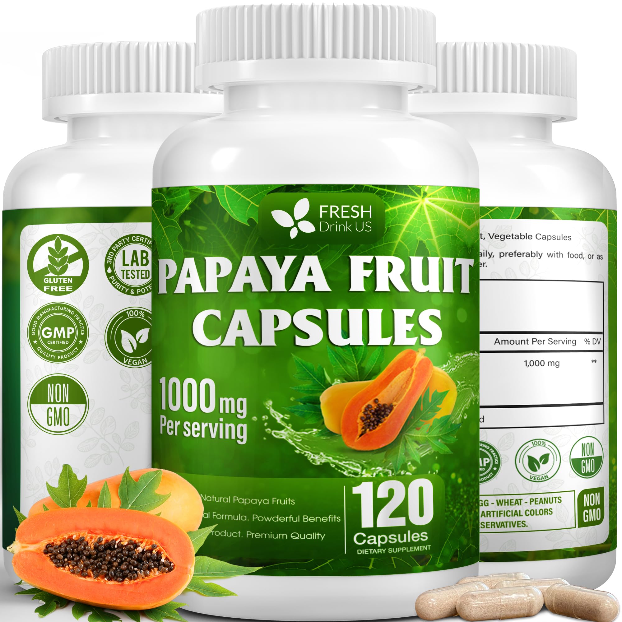 FRESHDRINKUS Papaya Capsules – 120 Papaya Extract, 1000mg/Serving, Vegan, Non-GMO, Gluten-Free