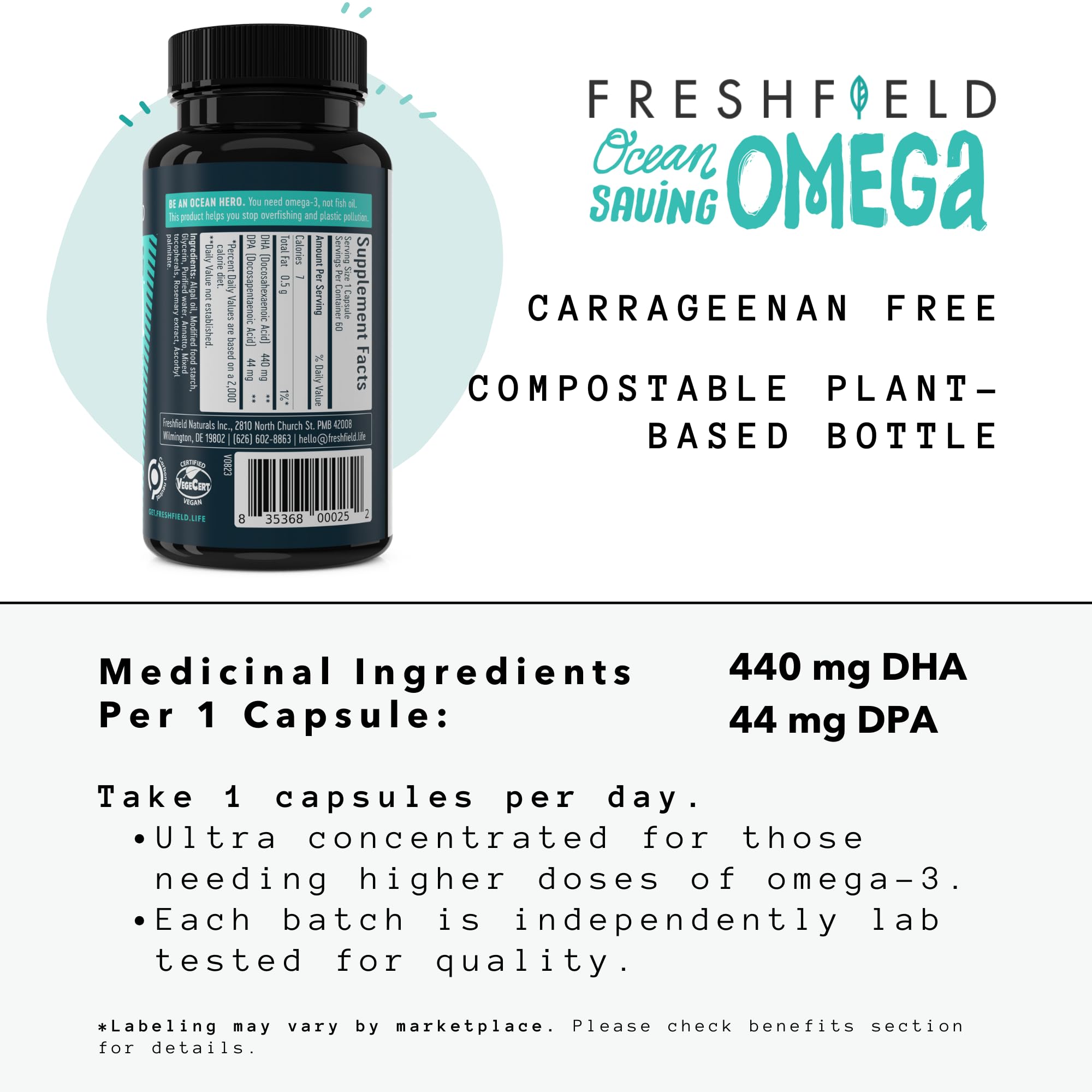 Freshfield Omega-3 DHA + DPA from Algae – Vegan, 440 mg DHA per Capsule