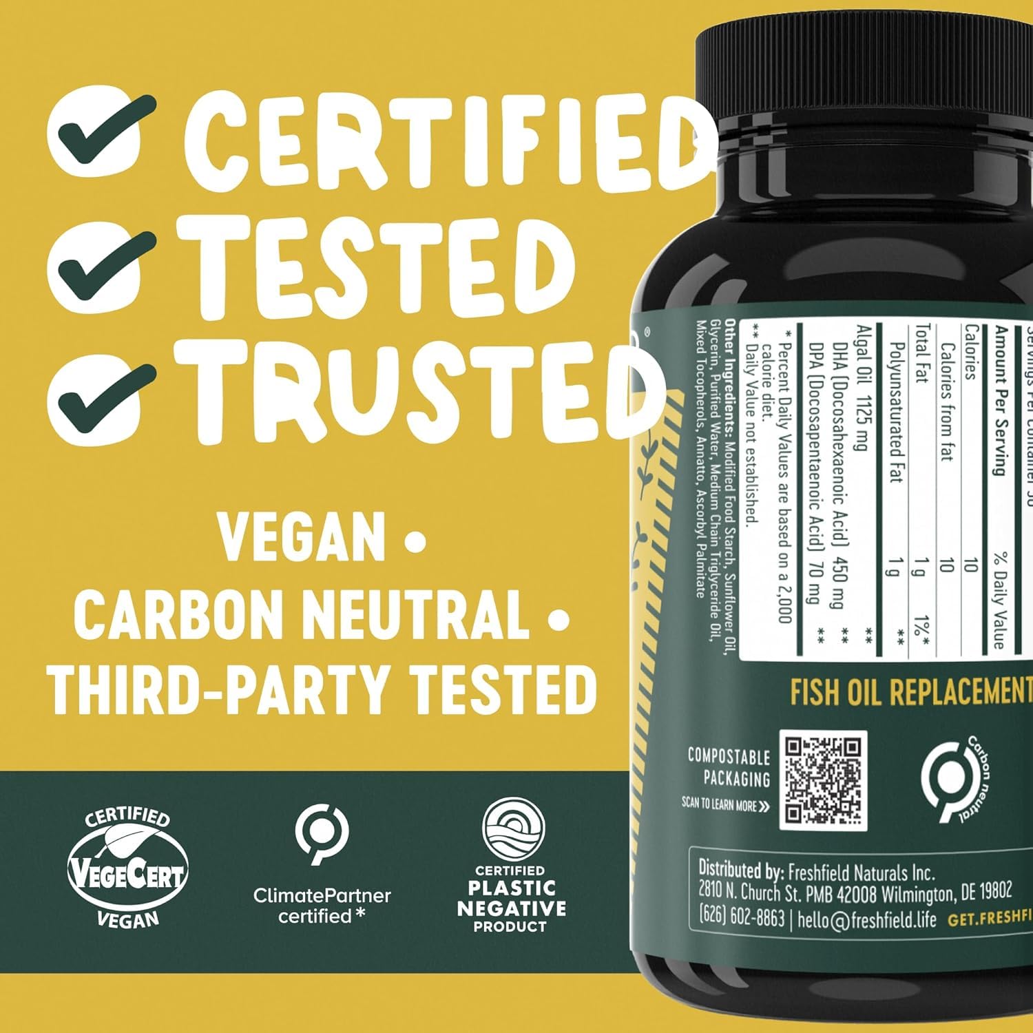 Freshfield Vegan Omega-3 from Algae - Plant-Based DHA + DPA, 3rd-Party Tested