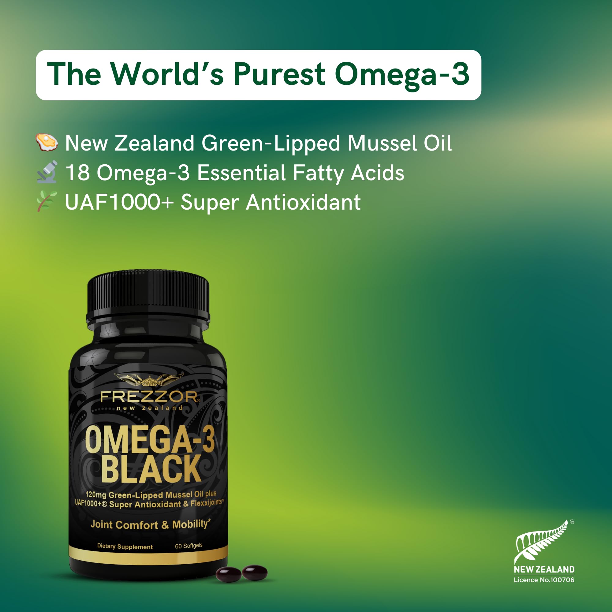 FREZZOR Omega 3 Black – Joint Comfort, NZ Green-Lipped Mussel Oil, 60 Softgels