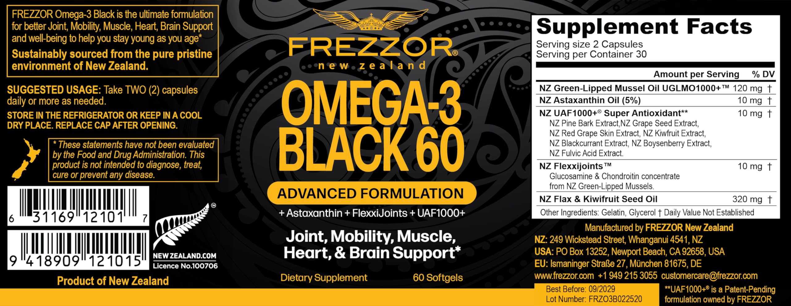 FREZZOR Omega 3 Black – Joint Comfort, NZ Green-Lipped Mussel Oil, 60 Softgels