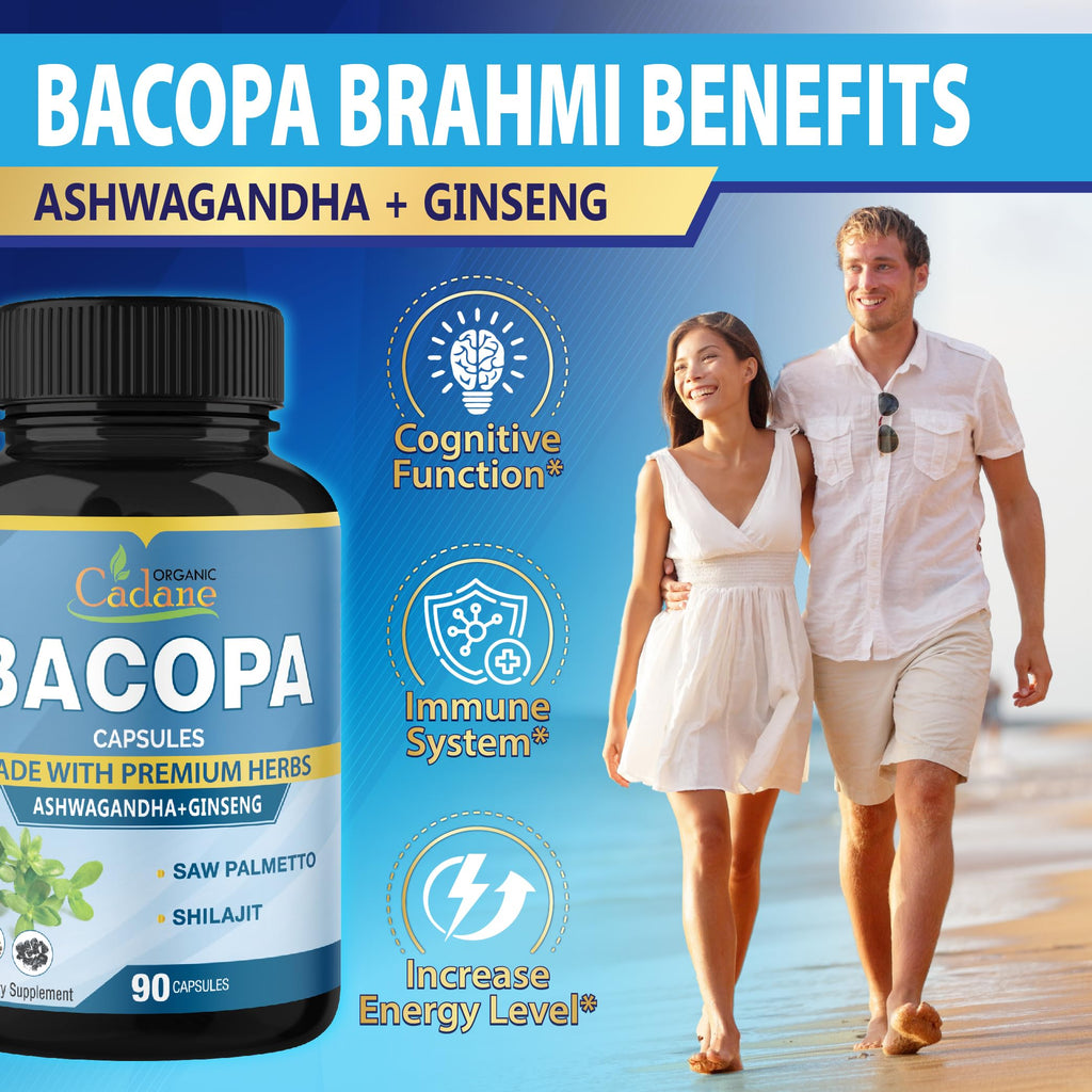 Organic Bacopa Monnieri Supplement with Ashwagandha, Ginseng, Saw Palmetto & Shilajit - 90 Capsules (3-Month Supply)