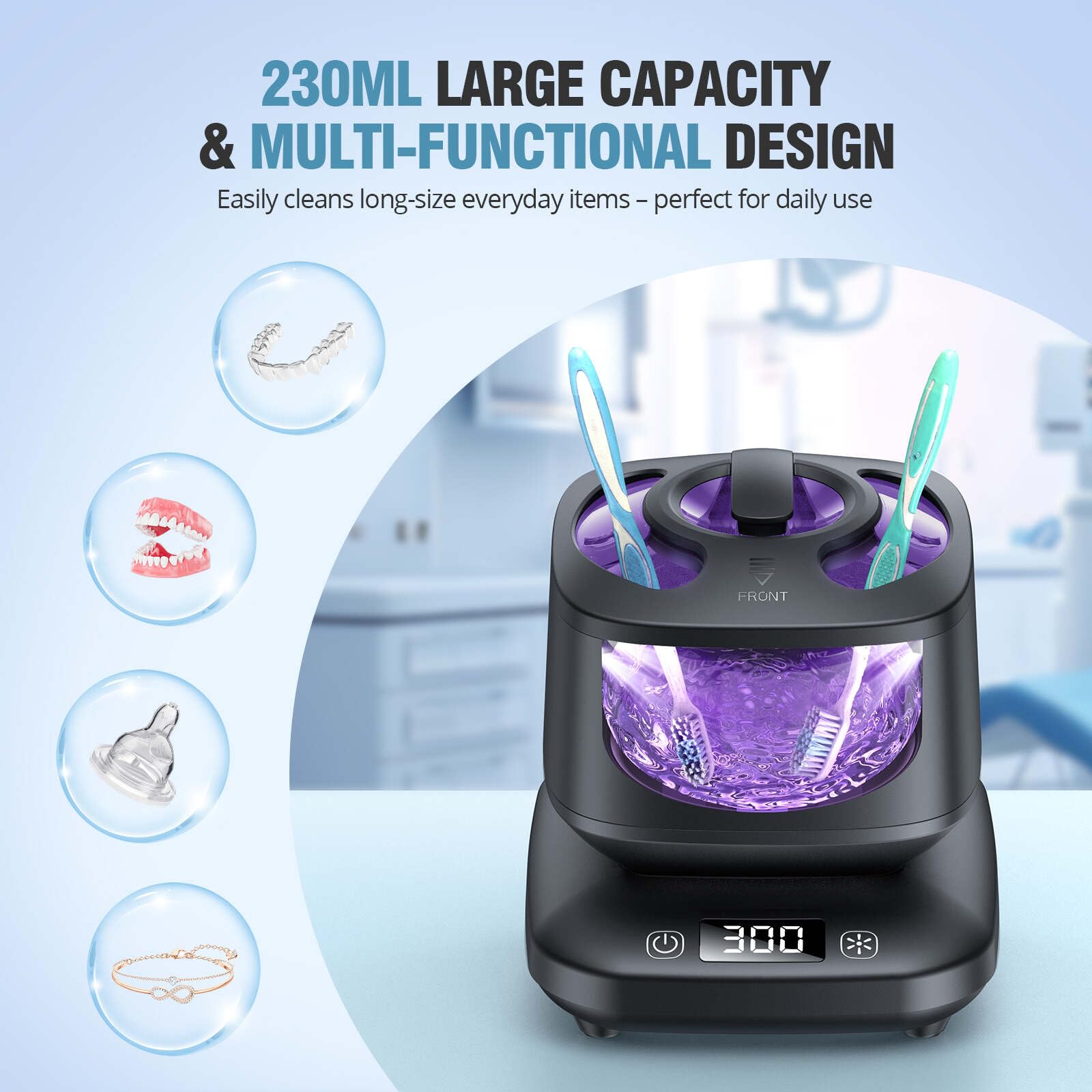 Ultrasonic Retainer Cleaner 45kHz - 3 Modes, Visible Window, Digital Timer - Black