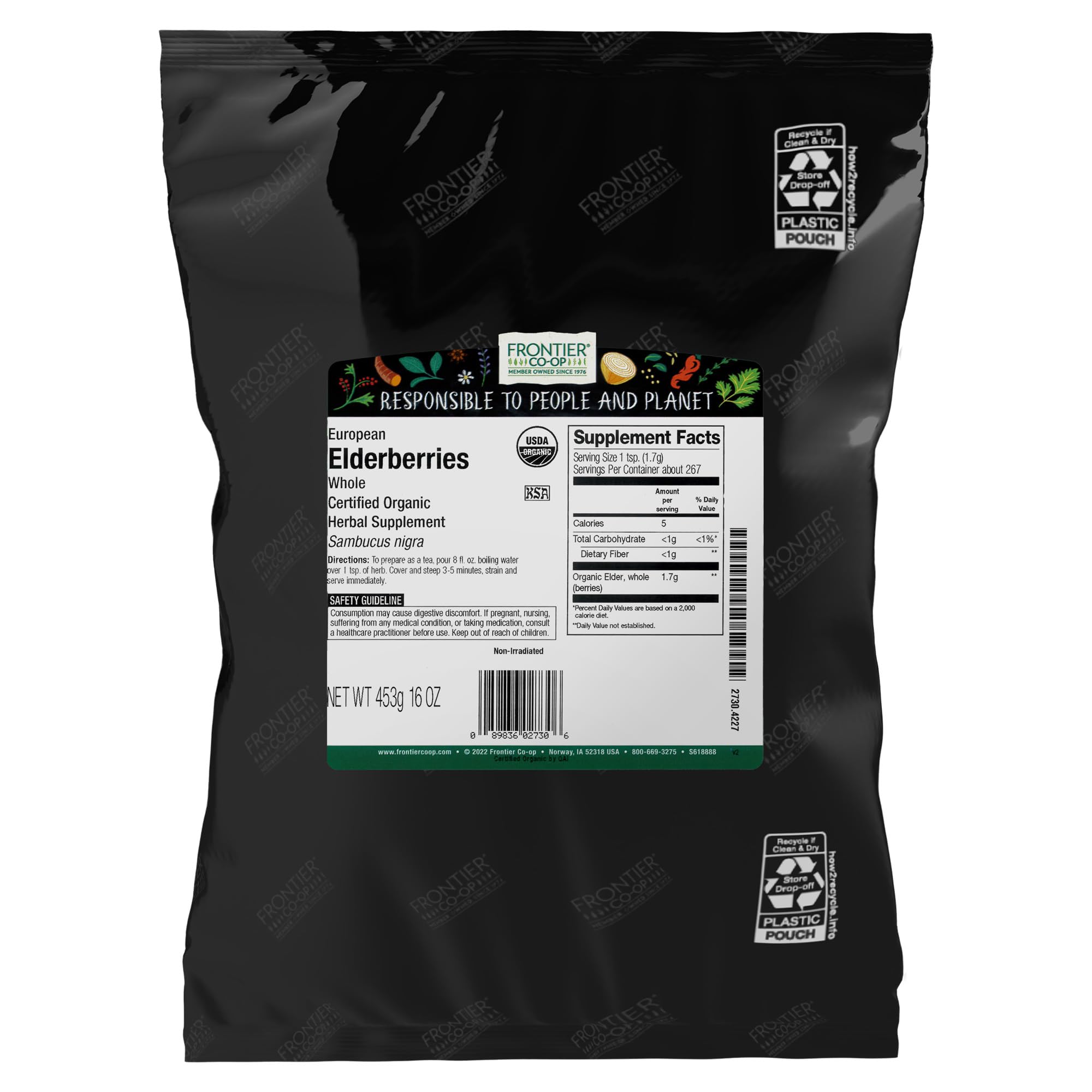 Frontier Co-op Organic Dried Elderberries, European Whole — Non-GMO, Kosher, 16 oz (Pack of 2)
