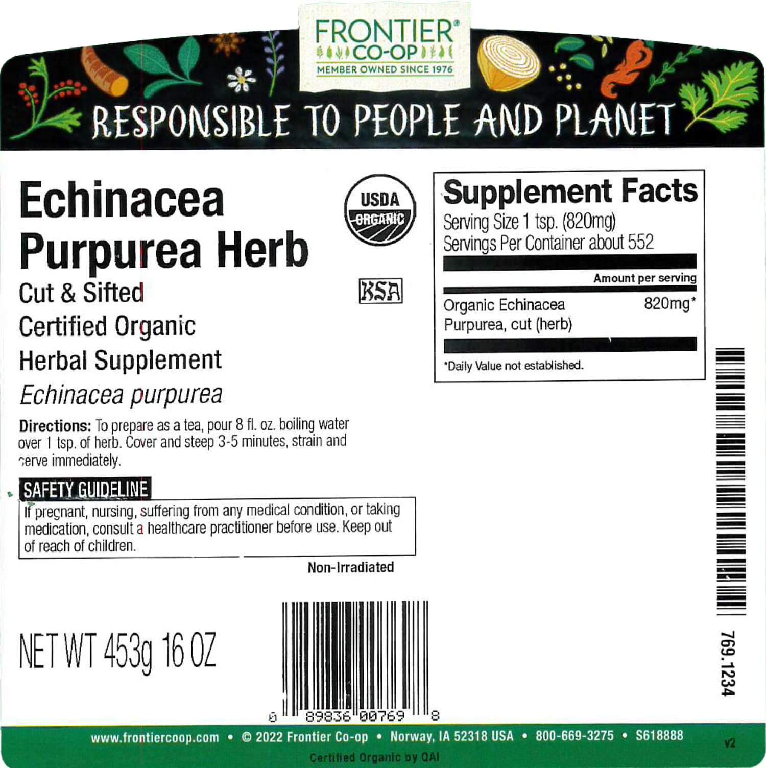 Frontier Co-op Echinacea Purpurea Root - Cut & Sifted, Certified Organic, Kosher | 1 lb Bulk Bag