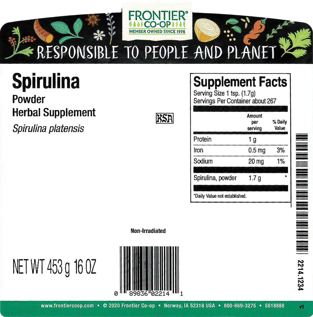 Frontier Co-op Spirulina Powder, Kosher, Non-Irradiated | 1 lb Bulk Bag | Spirulina platensis Geitler