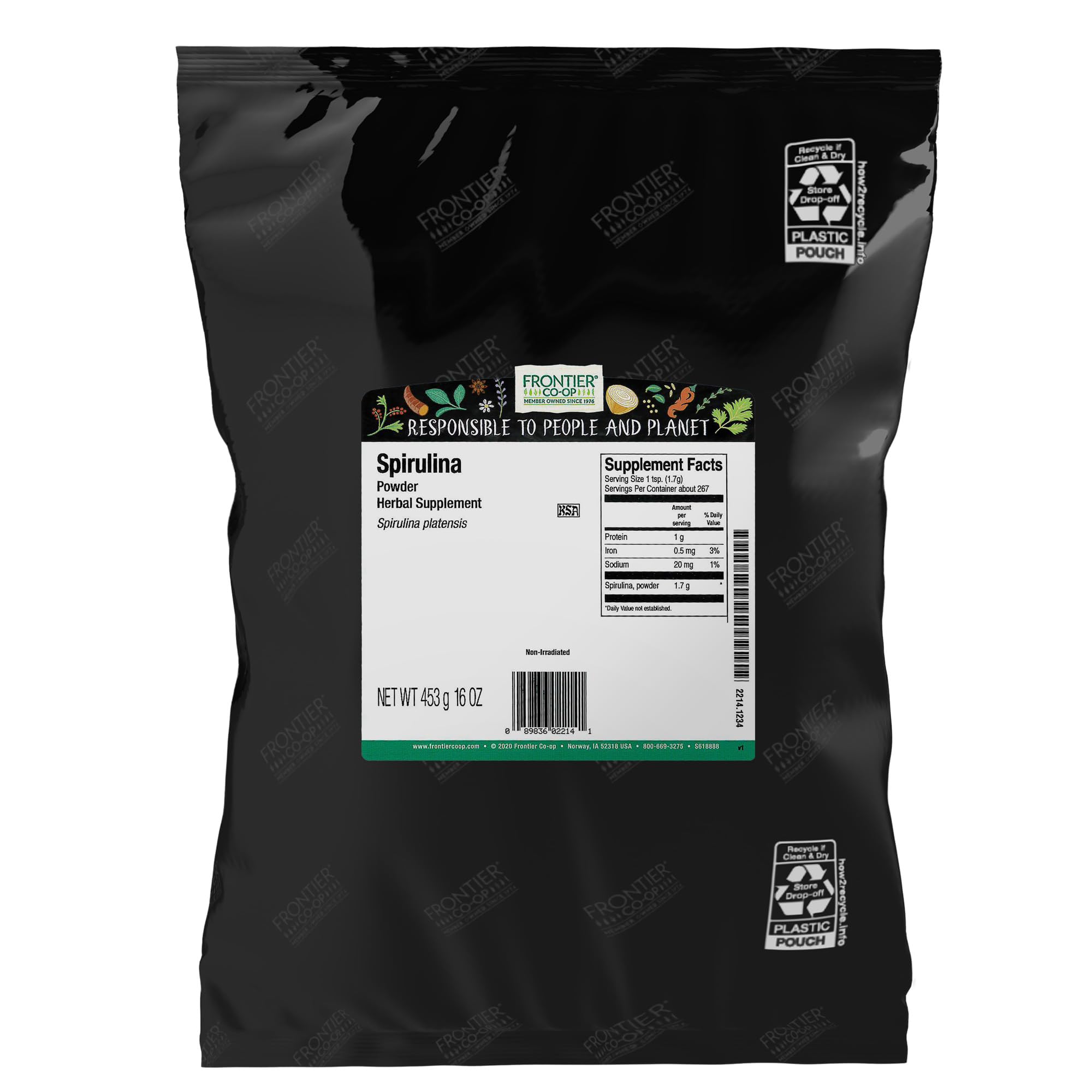 Frontier Co-op Spirulina Powder, Kosher, Non-Irradiated | 1 lb Bulk Bag | Spirulina platensis Geitler