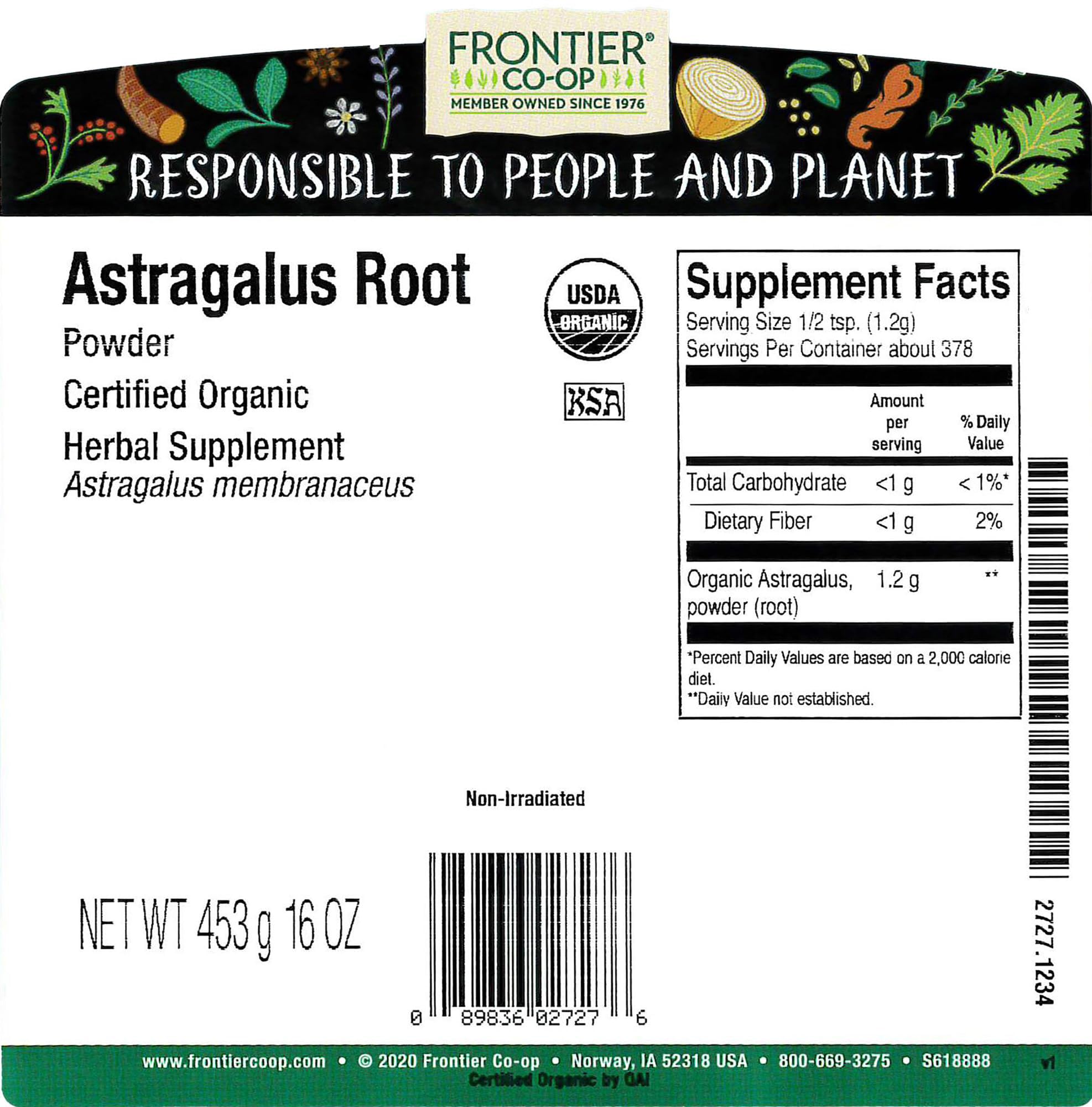 Frontier Co-op Organic Astragalus Root Powder 1lb | Certified Organic