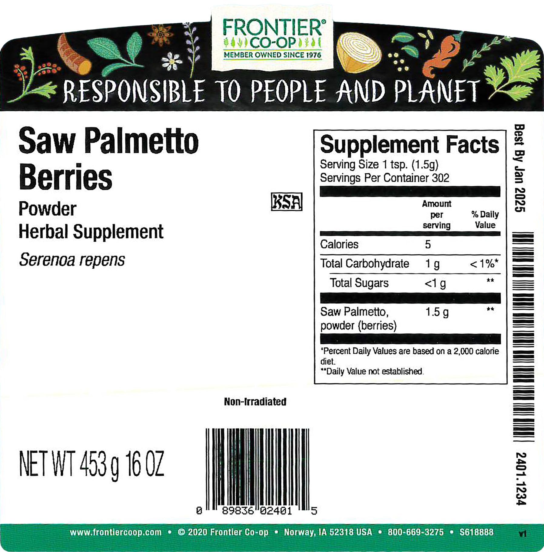 Frontier Bulk Saw Palmetto Berries Powder, 1 Pound
