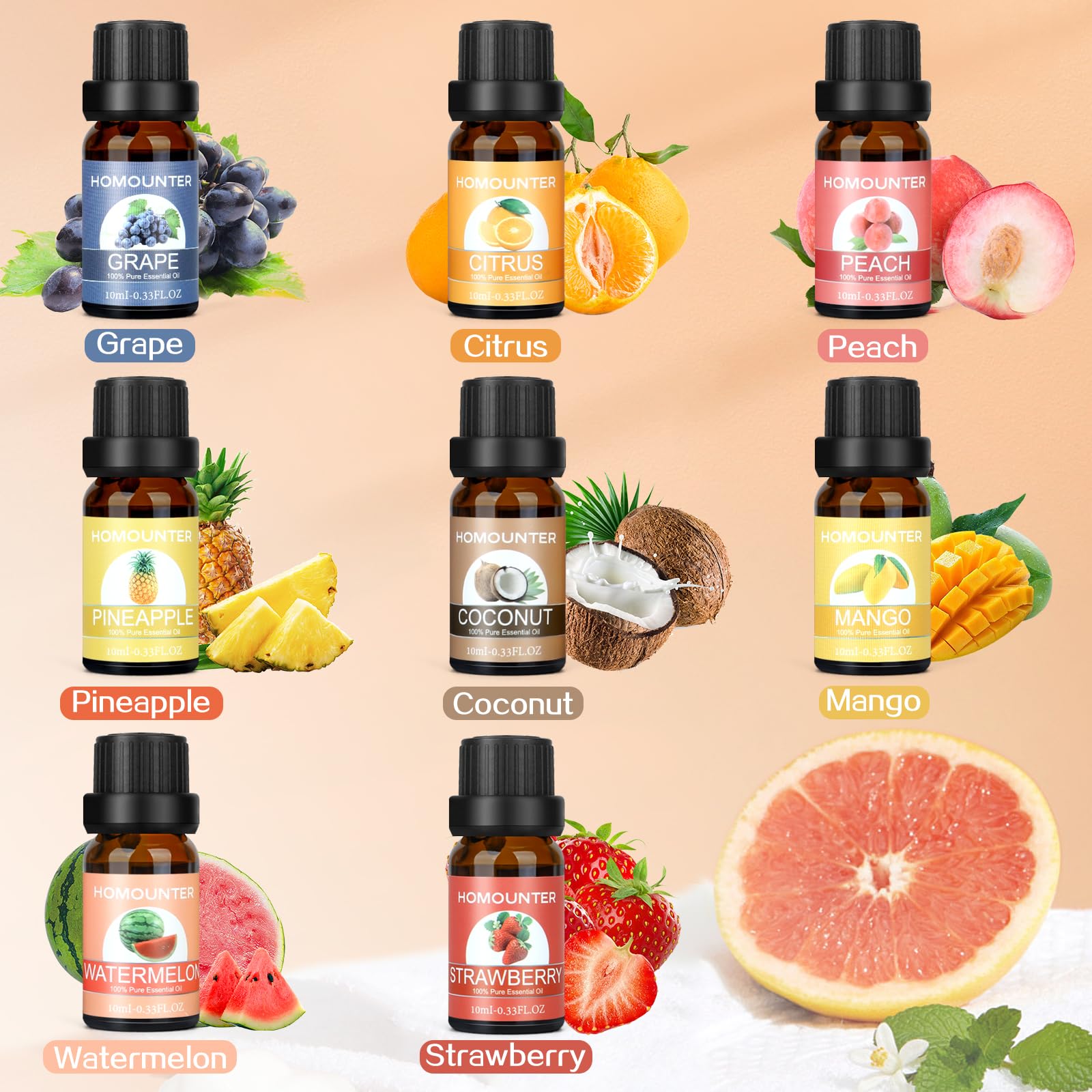 Fruit Essential Oil for Diffusers Natural Fruity Fragrance Oil for Candle & Soap Making - 8 Pack 10ML
