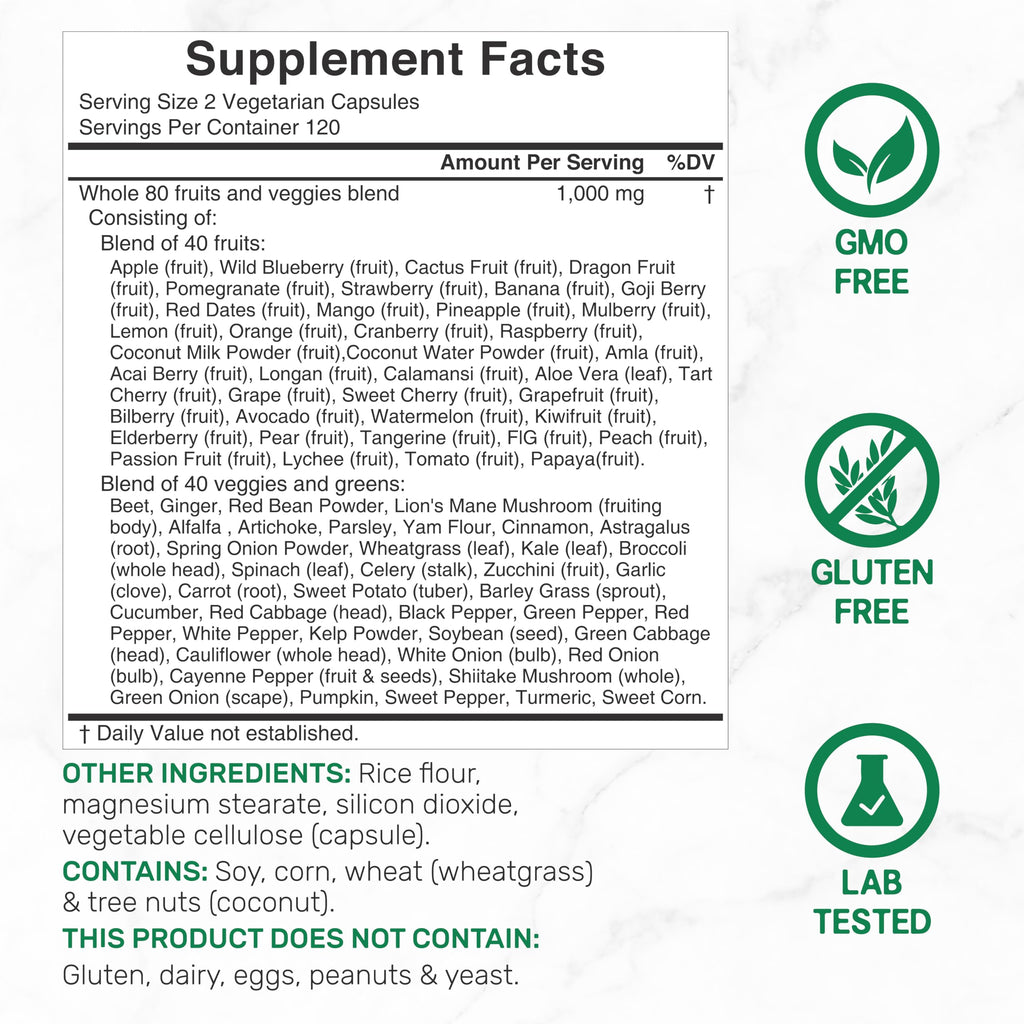 Nature's Fruits & Veggies Supplement – 240 Veggie Capsules, 80 Superfoods, 40 Fruits & 40 Greens – Non-GMO, Gluten Free