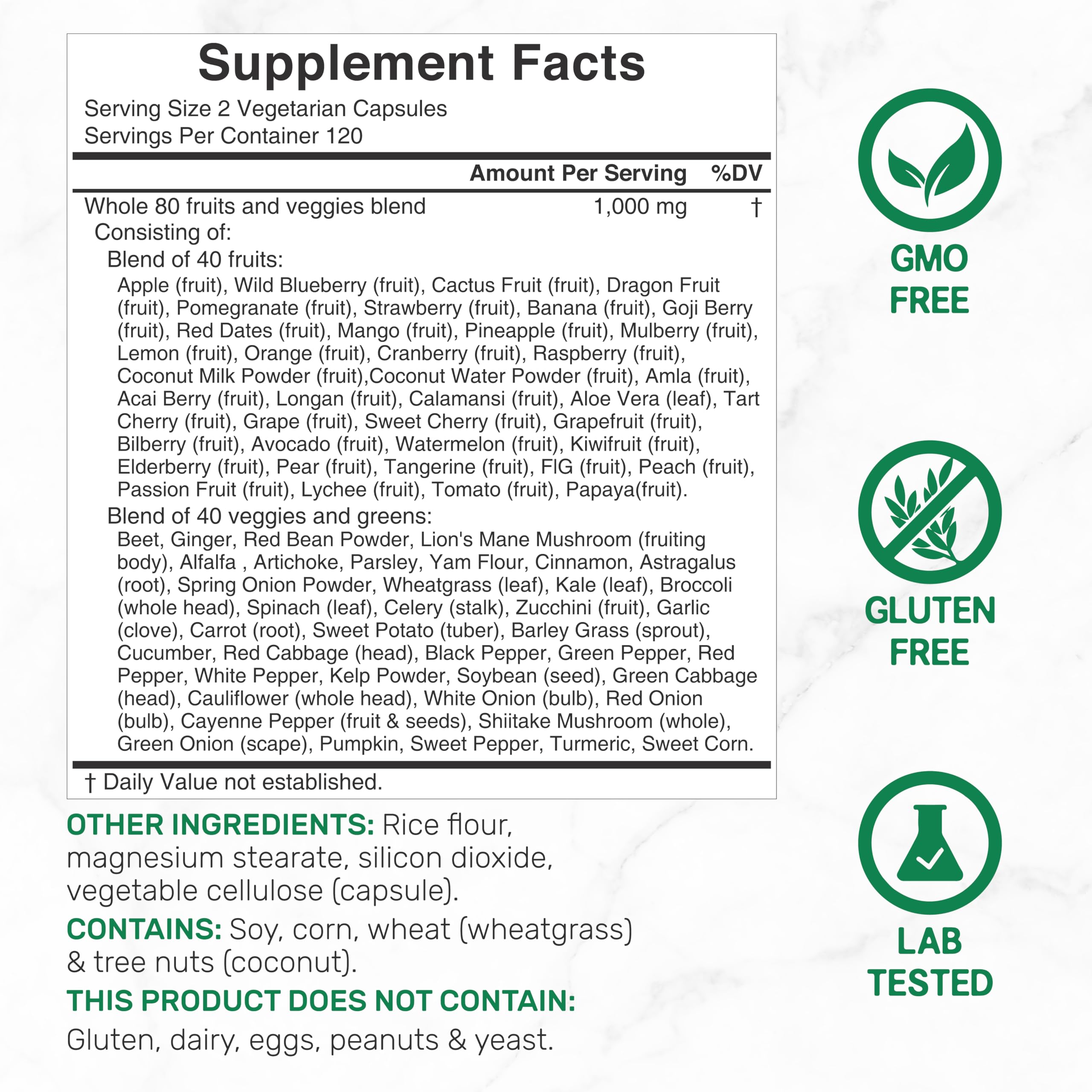 Nature's Fruits & Veggies Supplement – 240 Veggie Capsules, 80 Superfoods, 40 Fruits & 40 Greens – Non-GMO, Gluten Free