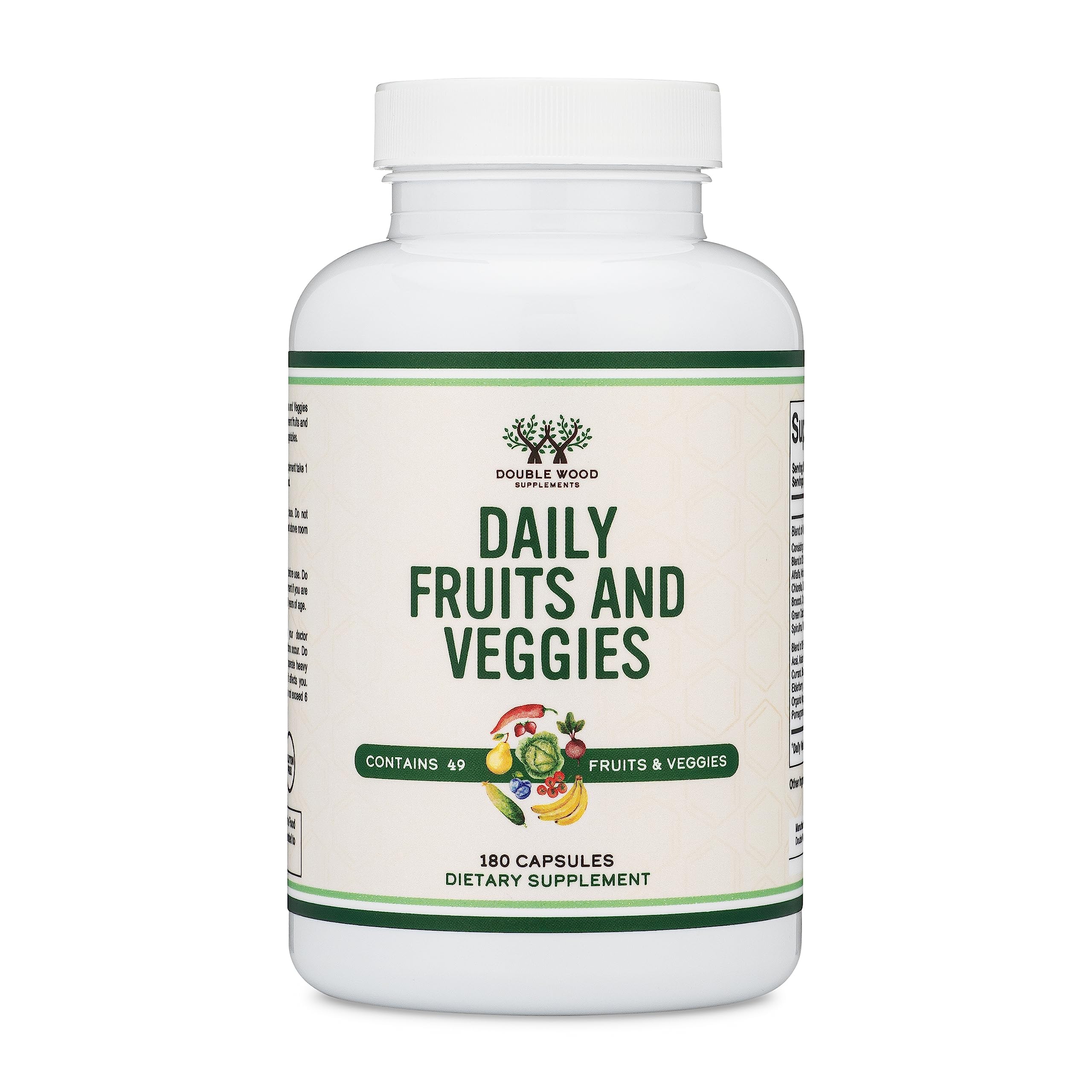 Double Wood Fruits & Veggies Supplement – Daily 49-Fruit & Veggie Blend, 1,500mg, 180 Capsules