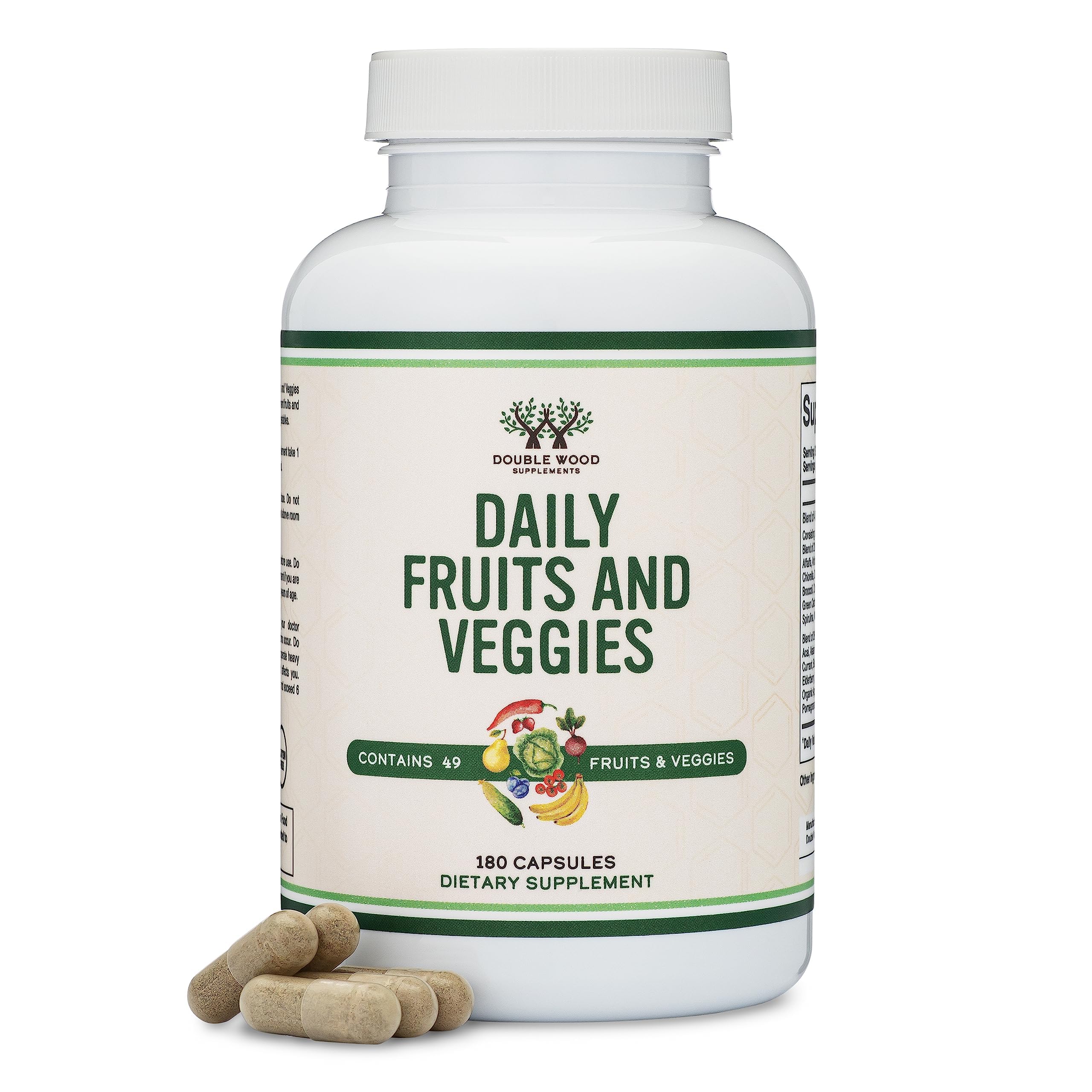 Double Wood Fruits & Veggies Supplement – Daily 49-Fruit & Veggie Blend, 1,500mg, 180 Capsules