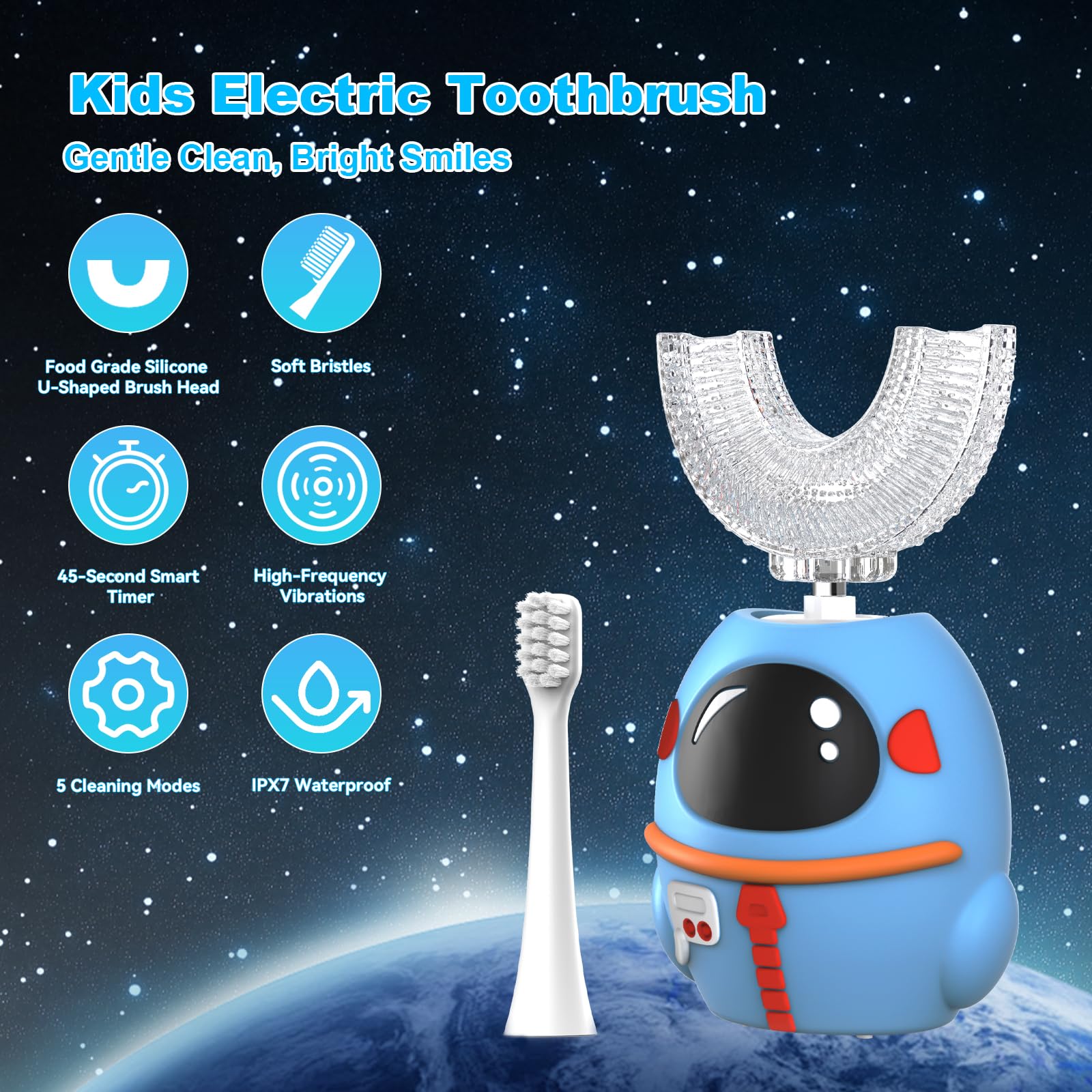 FTOYIN Kids Electric Toothbrush – U Shaped, 4 Heads, 5 Modes, 45s Timer, IPX7