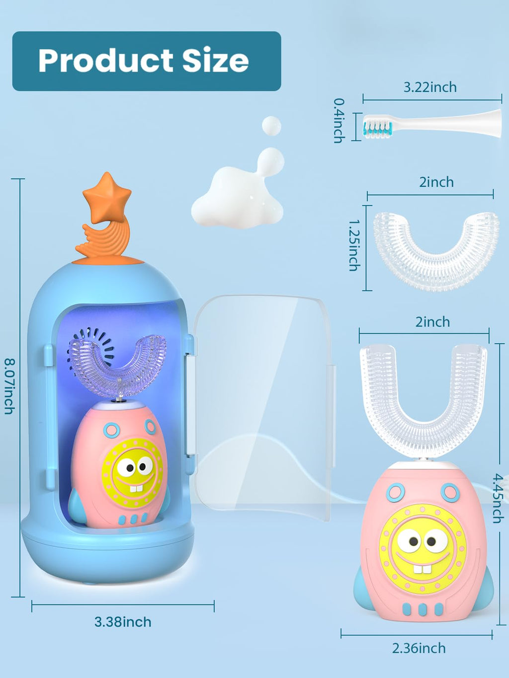 FTOYIN Kids U-Shaped Electric Toothbrush – 5 Modes, 45s Timer, IPX7 Waterproof