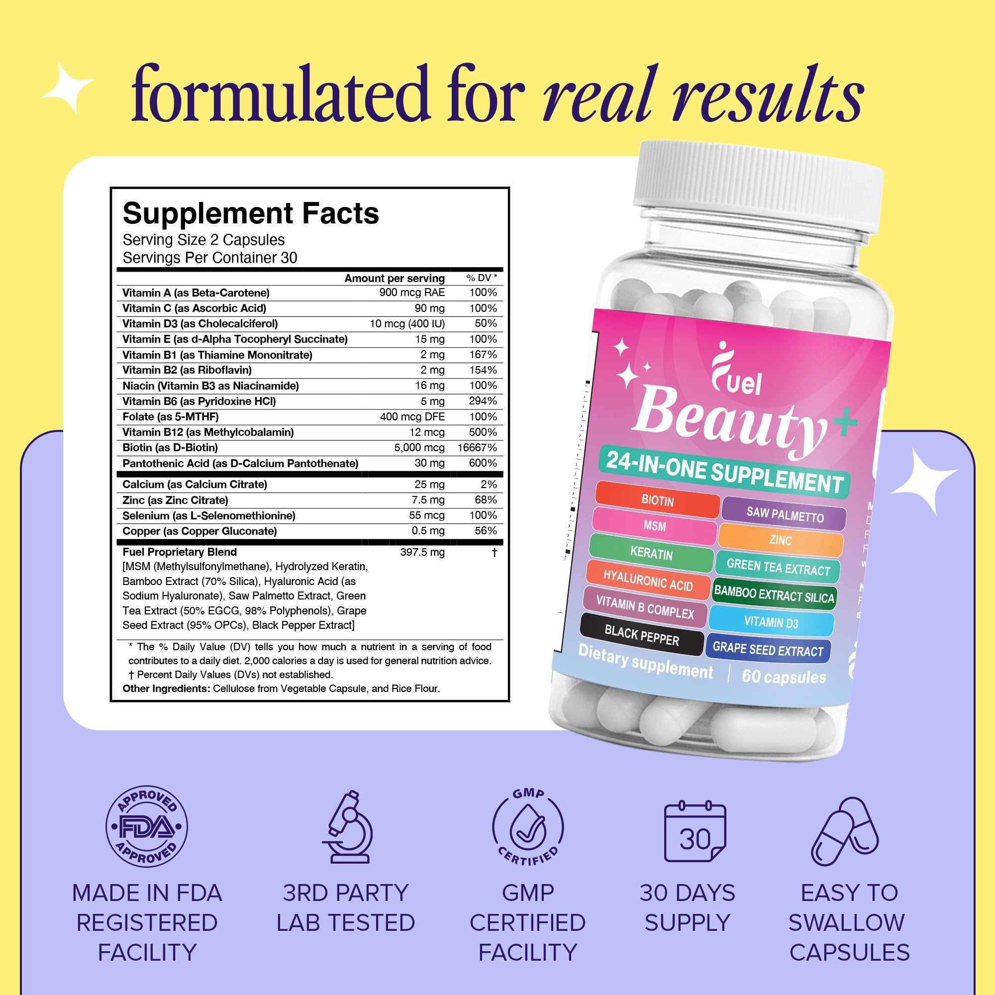 Fuel Beauty+ 24-in-1 Hair, Skin & Nails Vitamins for Women – 60 Capsules