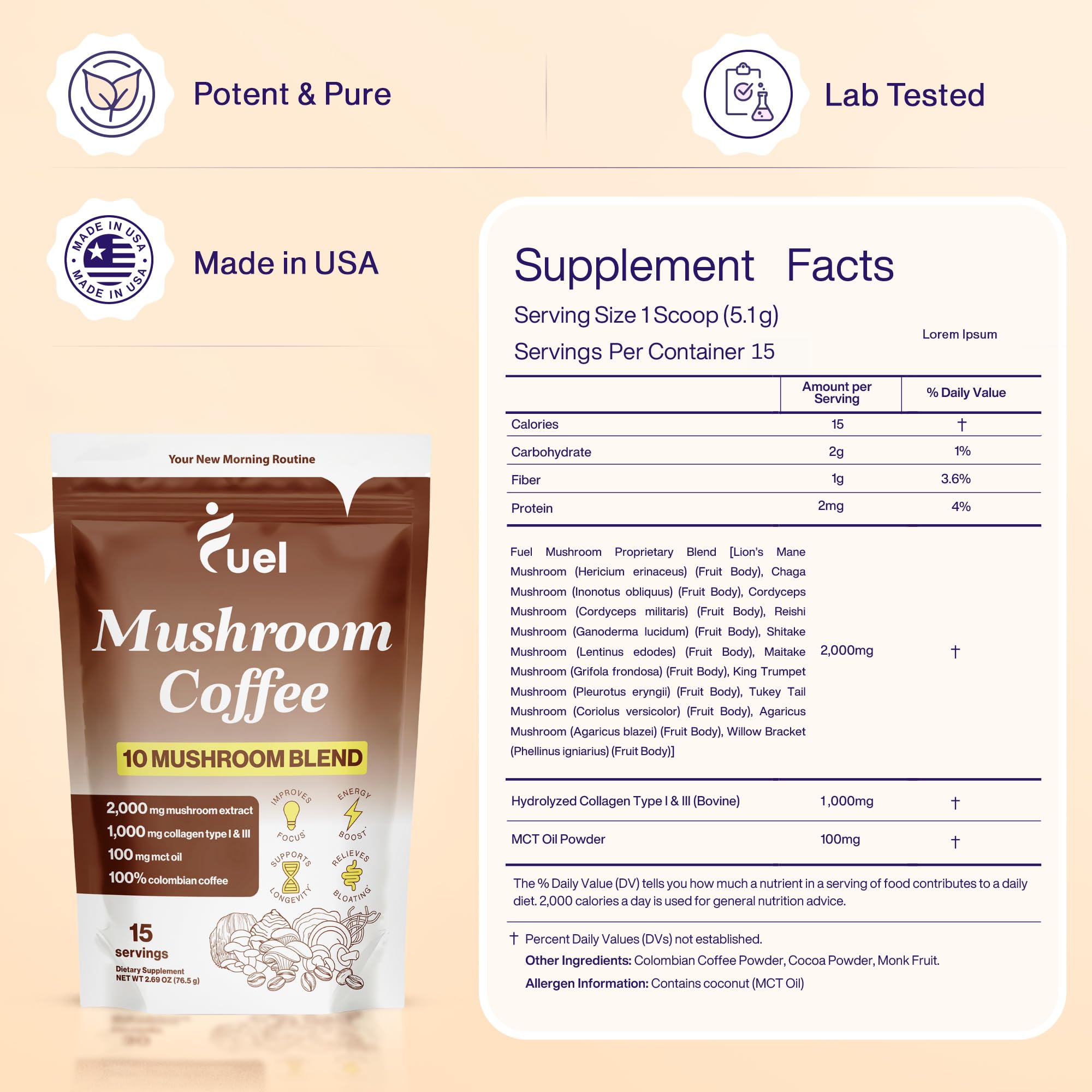 Fuel Nutrition Pro Collagen & Mushroom Coffee for Weight Loss | Low Caffeine Organic Instant Coffee