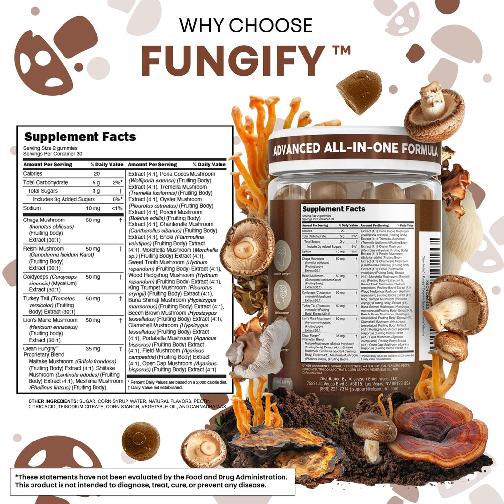 Clean Nutra Lions Mane Gummies — Memory & Focus with Cordyceps, Reishi & Immune Support